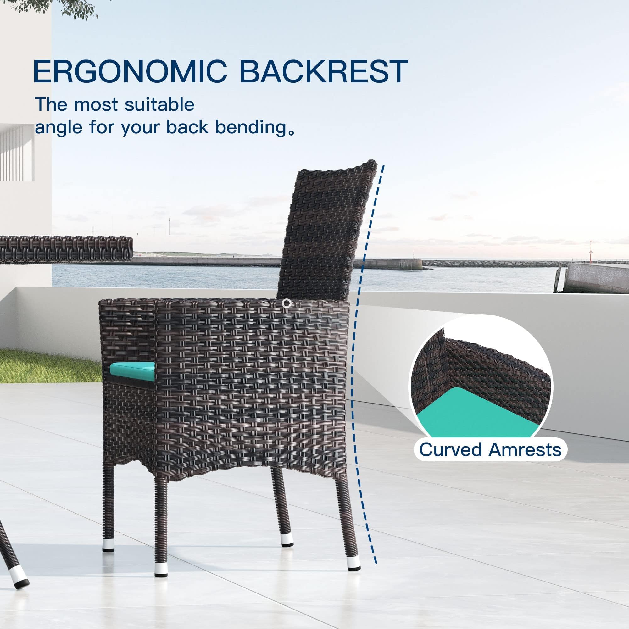Kullavik 5-Piece Outdoor Dining Set - Patio Rattan Furniture with 4 Chairs & Cushions, Square Glass Tabletop with Umbrella Hole - Perfect for Patio, Backyard, Garden, Poolside & Outdoor Entertaining - Blue