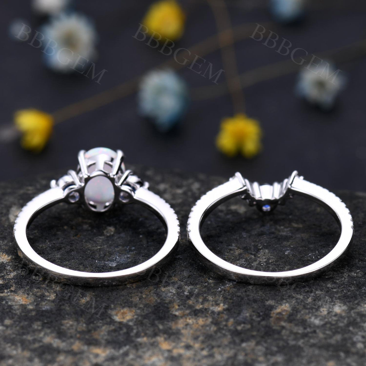 Antique Vintage Style Sapphire Opal Bridal Ring Set with Diamond Accents - Matching Wedding Band & Engagement Ring for Women - Perfect for Bridal Jewelry, Anniversary Gifts & Special Occasions