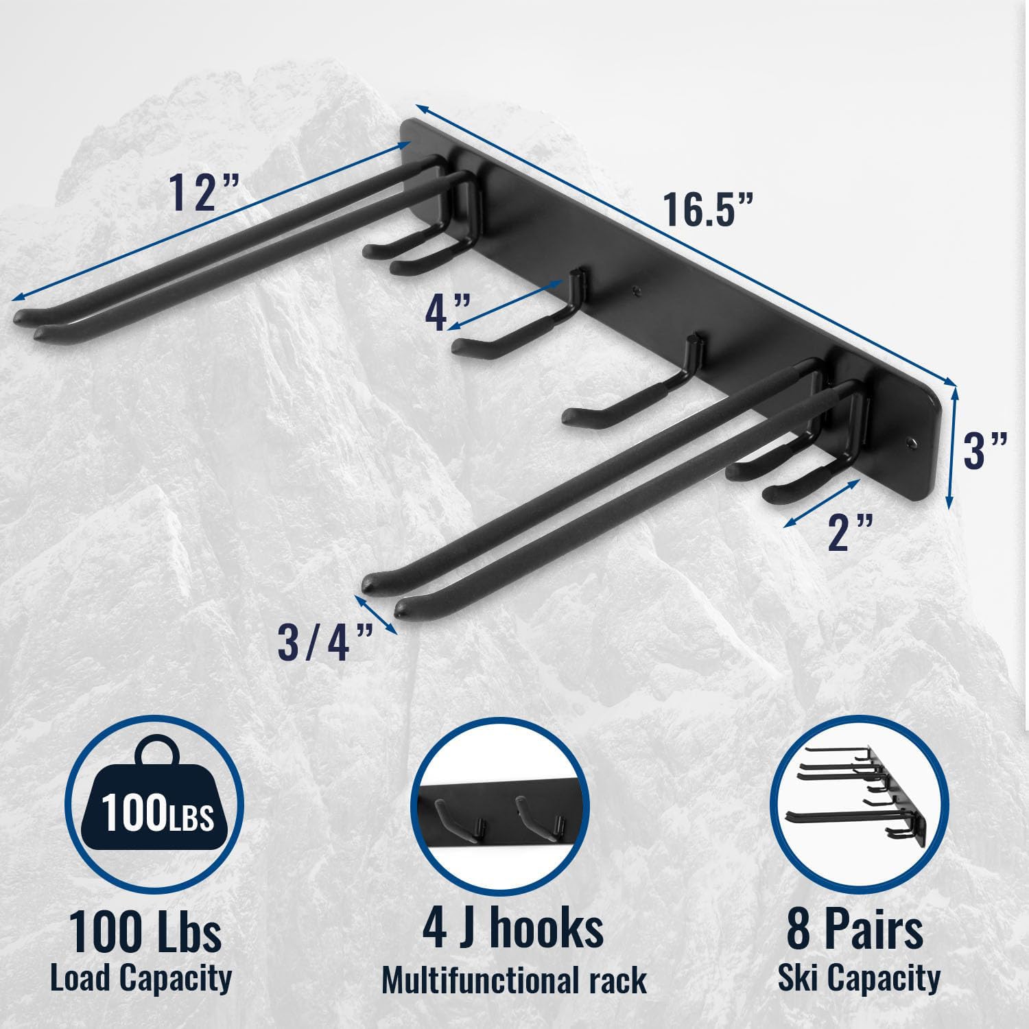Wall Mount Ski & Snowboard Storage Rack - Heavy Duty 8-Pair Metal Hooks Organizer for Garage, Basement or Entryway - Indoor/Outdoor Sports Equipment Organization System (Perfect for Winter Gear Storage)