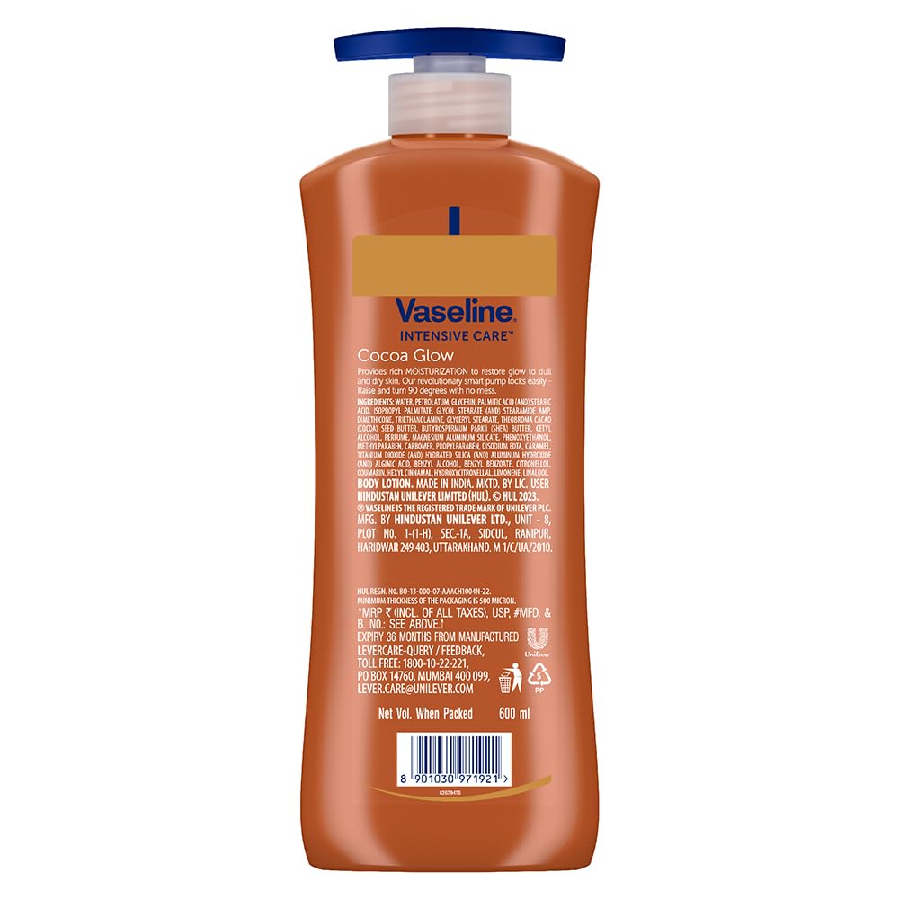 Vaseline Intensive Care Cocoa Glow Serum-in-Lotion 600ml - 100% Pure Cocoa & Shea Butter Body Lotion for Dry, Rough Skin - 48Hr Long-Lasting Moisturization - Perfect for Daily Hydration & Nighttime Skin Repair
