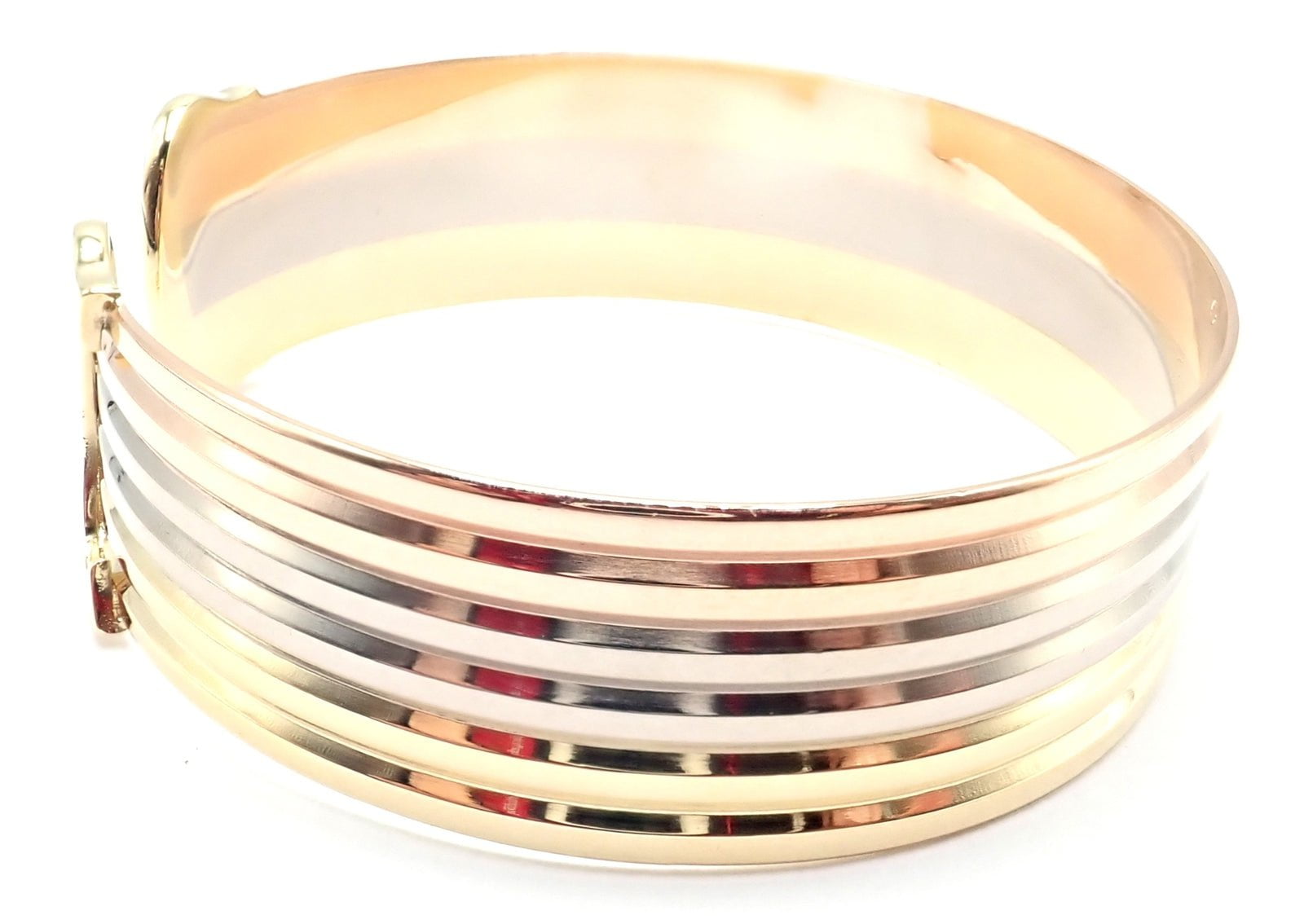 Authentic Cartier 18k Tri-Color Gold Double C Wide Cuff Bangle Bracelet for Women - Luxury Jewelry Gift for Anniversary, Birthday & Special Occasions