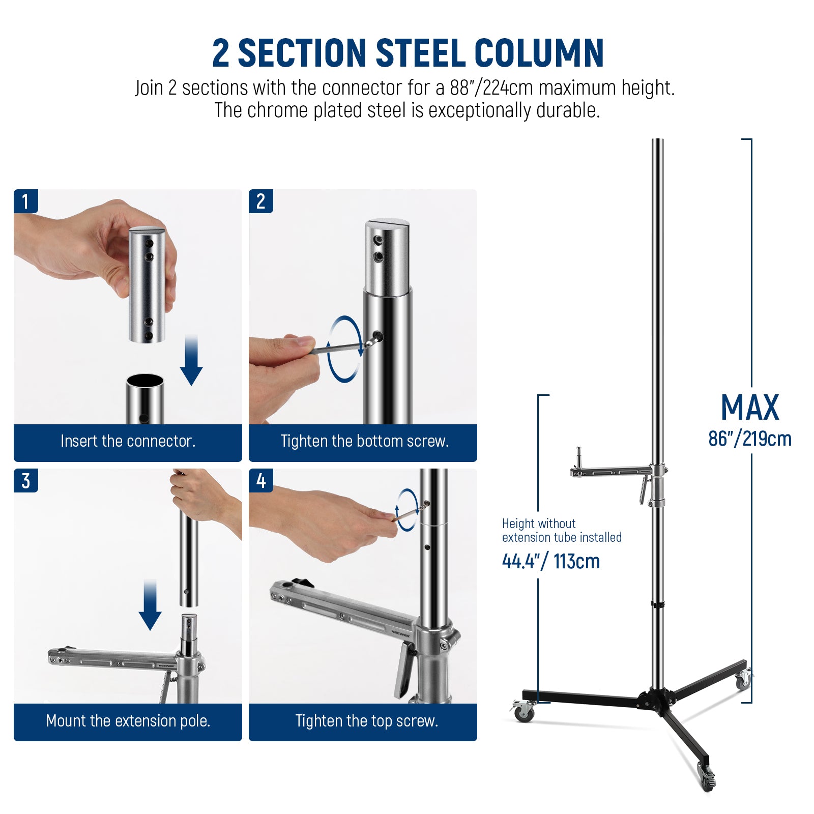 NEEWER ST003 224cm Heavy Duty Stainless Steel Light Stand - Professional Photography & Video Studio Lighting Equipment for YouTube, TikTok, Live Streaming