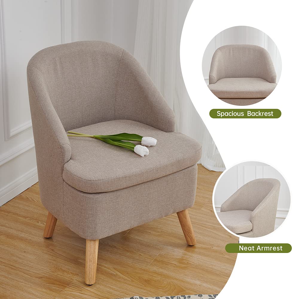 Stylish Beige Barrel Accent Chair with Upholstered Cotton Linen Fabric & Wooden Legs - Perfect Round Single Sofa for Living Room, Bedroom or Office Decor
