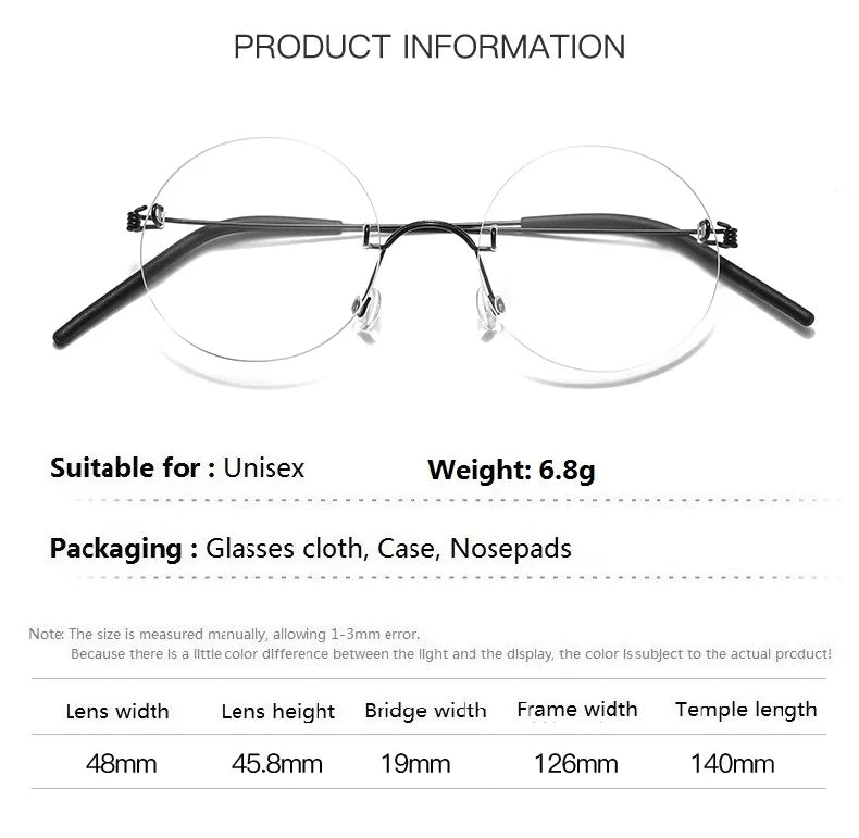 Unisex Rimless Round Screwless Titanium Eyeglasses Frame 1356 - Lightweight & Durable for Reading, Computer Work & Everyday Wear