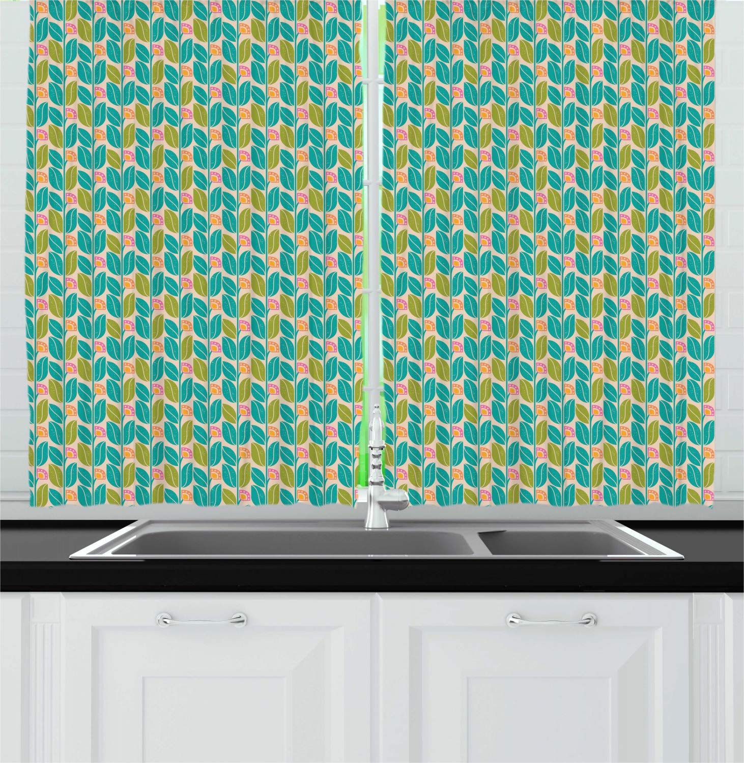 Ambesonne Vintage Abstract Floral Kitchen Curtains - Geometric Botany Pattern with Grunge Effect, 2 Panel Set for Windows (55