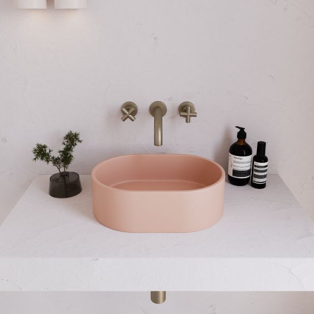 Eight Quarters 400mm x 280mm Concrete Mini Pod Above Counter Basin in Blush Pink - Modern Bathroom Sink for Small Spaces, Powder Rooms & Contemporary Homes