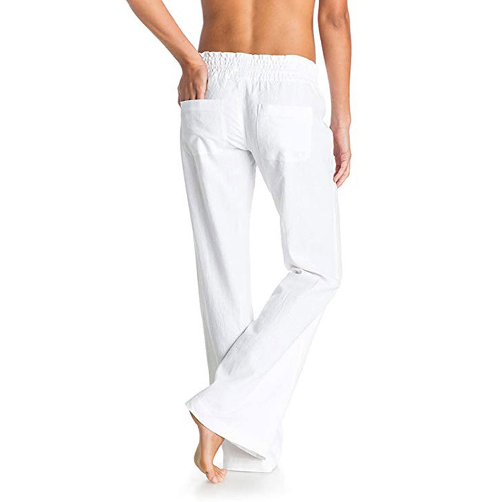 Women's Palazzo Pants - Elastic Waist Cotton Linen Lounge Pants with Drawstring | Flowy Casual Trousers for Summer | Perfect for Yoga, Beach, and Boho Fashion Outfits