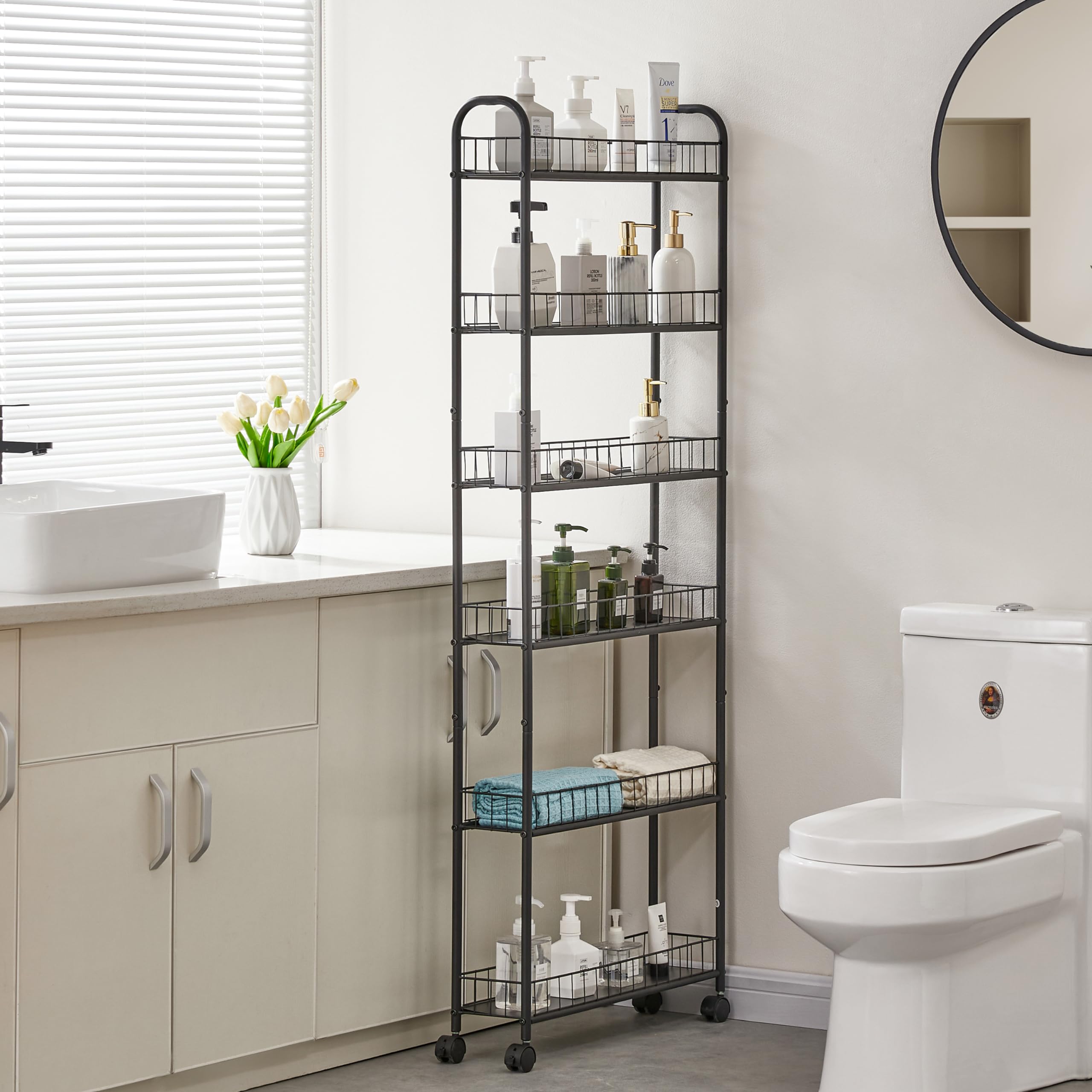 JOIN IRON 6-Tier Slim Rolling Storage Cart - Ultra-Thin Metal Utility Cart with Wheels for Kitchen, Bathroom, Bedroom, Office - Space-Saving Organizer (6