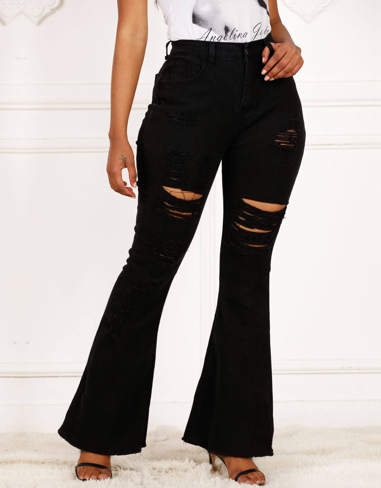 Alsol Lamesa Women's High Waisted Bell Bottom Jeans - Ripped Flare Pants with Skinny Hole Design, Stretch Denim Long Jeans for Casual Wear, Night Out & Vintage Style Fashion