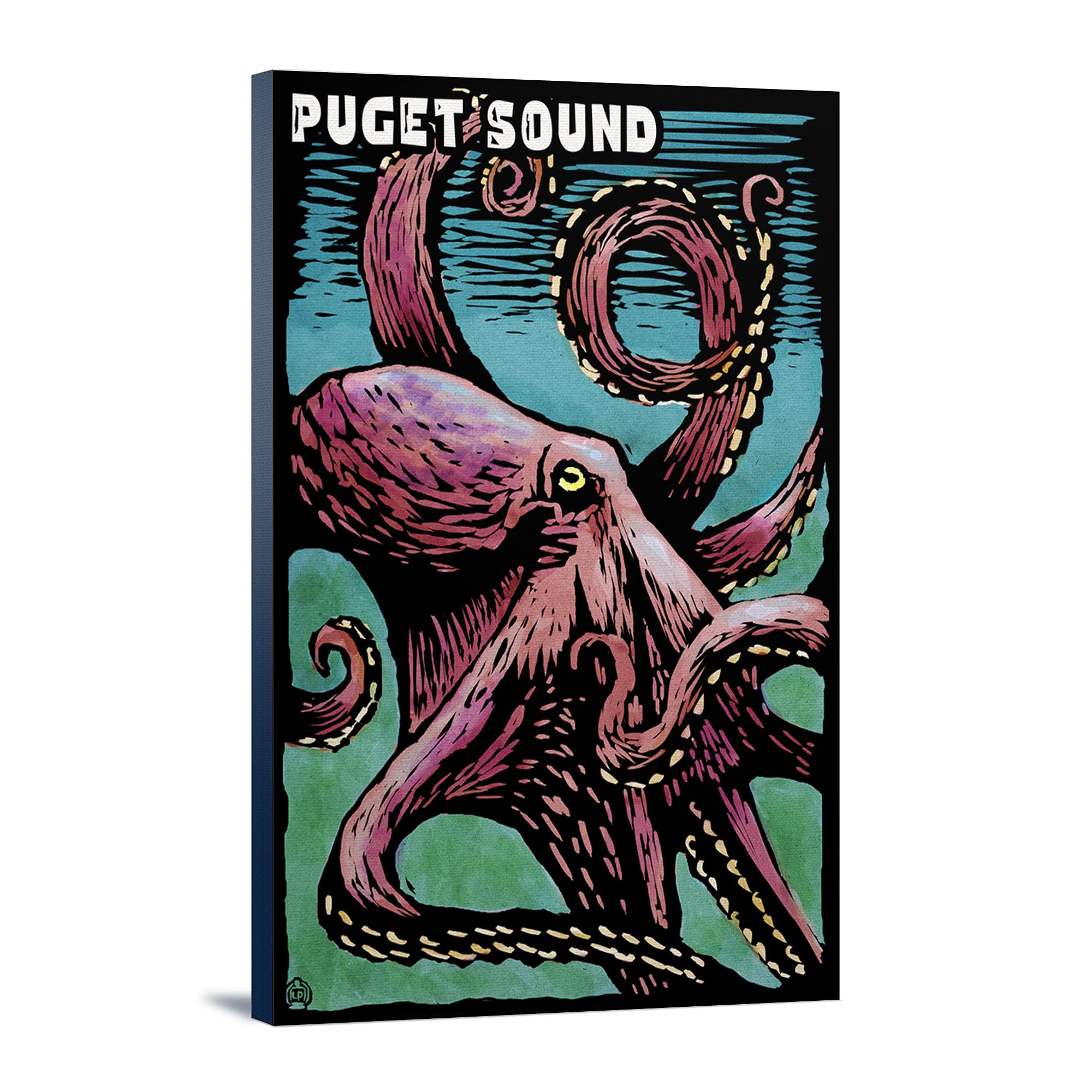Puget Sound Washington Octopus Scratchboard Art - 24x36 Gallery Wrapped Stretched Canvas Wall Decor for Living Room, Office & Coastal Home Decor