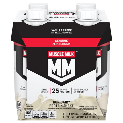 Muscle Milk Genuine Protein Shake - Vanilla Creme Flavor, 25g High Protein, 11oz Bottles (4 Pack) | Post-Workout Recovery & Healthy Breakfast Drink for Athletes & Fitness Enthusiasts