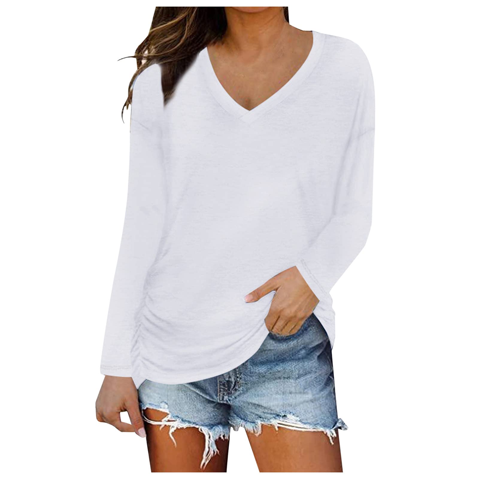 Women's V-Neck Loose Fit Long Sleeve T-Shirts - Soft Summer Basic Tops & Casual Blouses for Everyday Wear, Work, and Weekend Outings