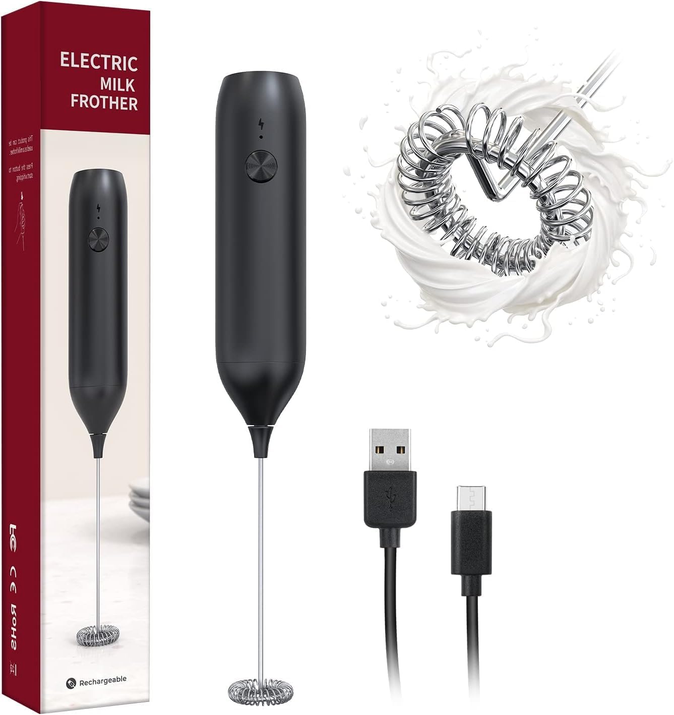 Rechargeable USB-C Handheld Milk Frother - Electric Foam Maker & Drink Mixer for Coffee, Lattes, Cappuccino, Hot Chocolate, Matcha - Perfect for Home, Office & Cafe Use