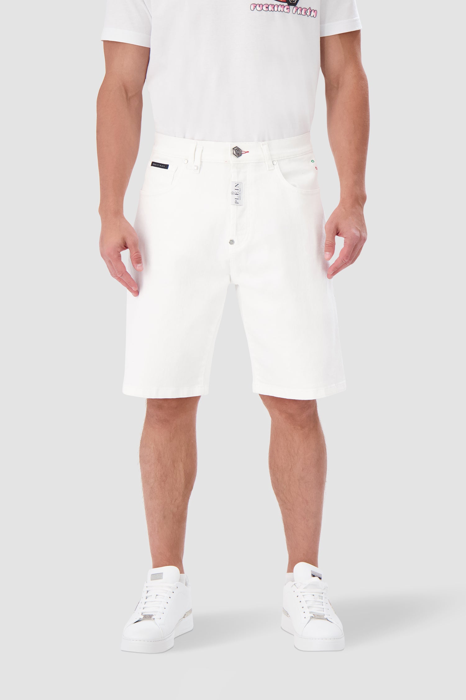 Philipp Plein White Denim Formentera Fit Shorts for Women - High Waisted Distressed Denim Shorts | Beach, Party & Summer Fashion Outfits