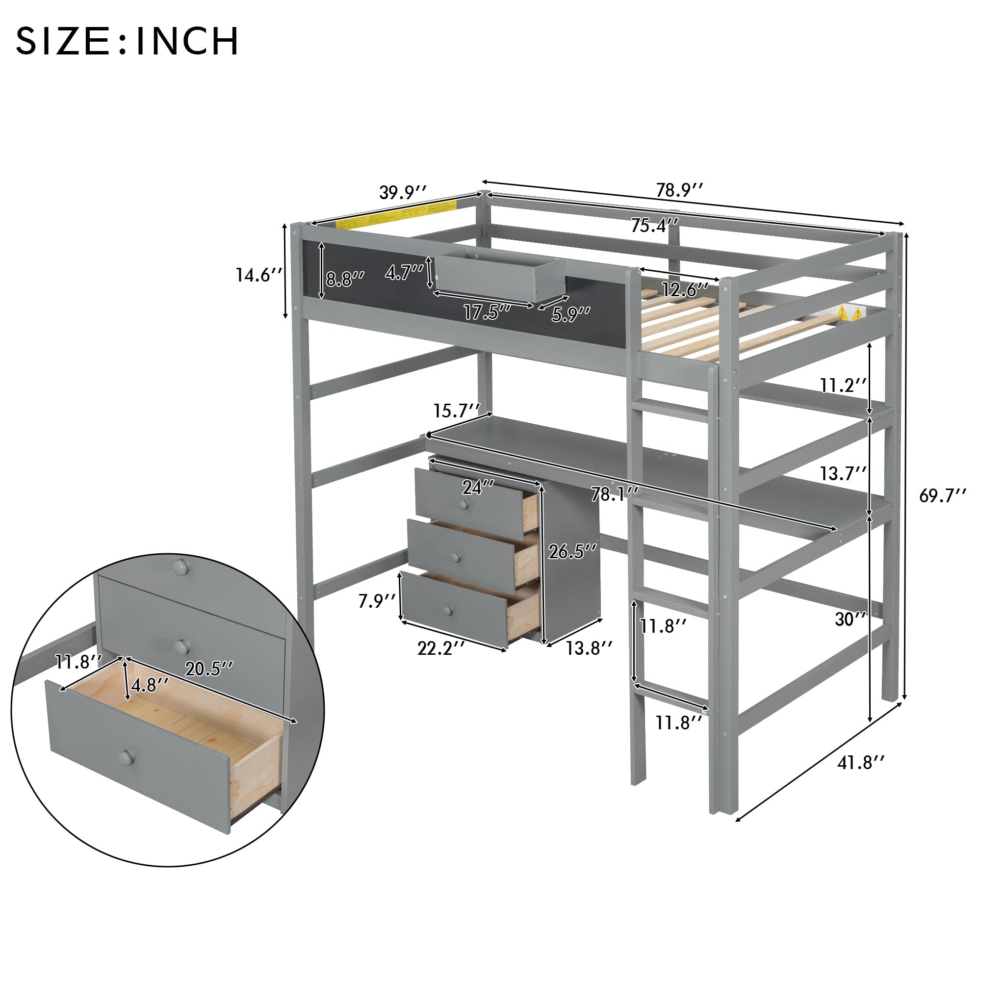 HABITRIO Twin Size Loft Bed with Desk & Storage - Wooden Loft Bed Frame with Drawers, Blackboard, Shelves & Storage Box - Space Saving Kids Bedroom Furniture for Small Rooms (Gray) - Perfect for Teens, Dorms & Studio Apartments