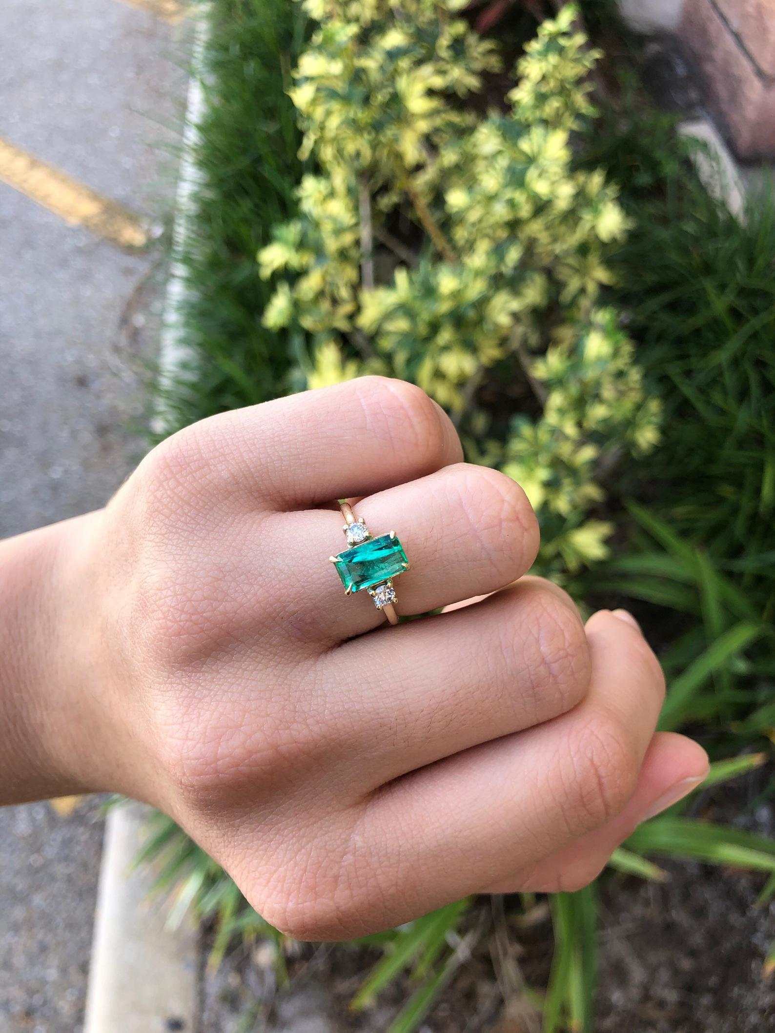 2.05tcw Three Stone Claw Prong Emerald Cut & Round Diamond Ring in 14K Gold - Perfect for Engagement, Anniversary & Special Occasions
