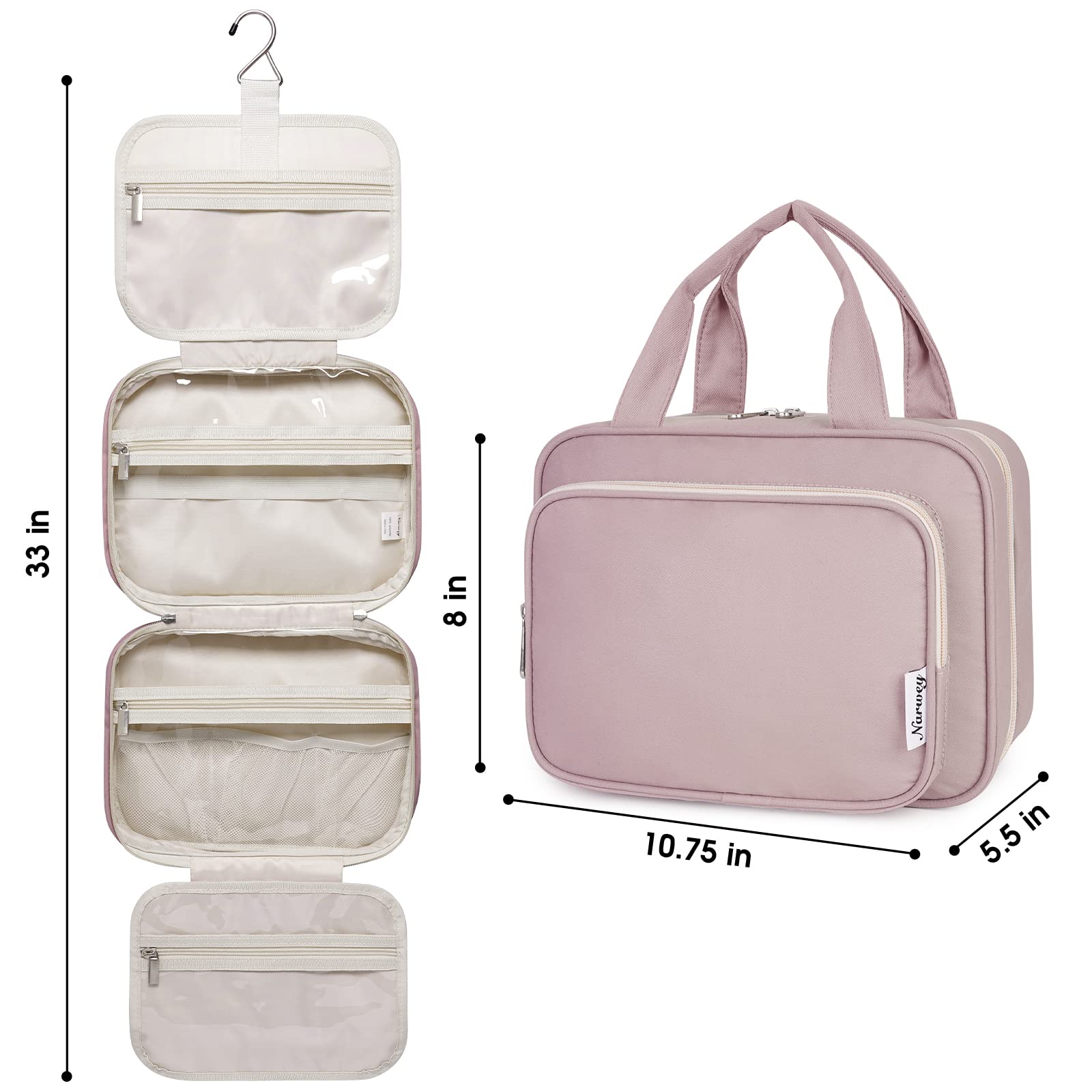 Narwey Hanging Toiletry Bag for Women - Travel Makeup Organizer with Multiple Pockets, Waterproof Cosmetic Bag for Toiletries & Travel Essentials (Dusty Rose, Medium) - Perfect for Vacation, Gym, Camping & Business Trips