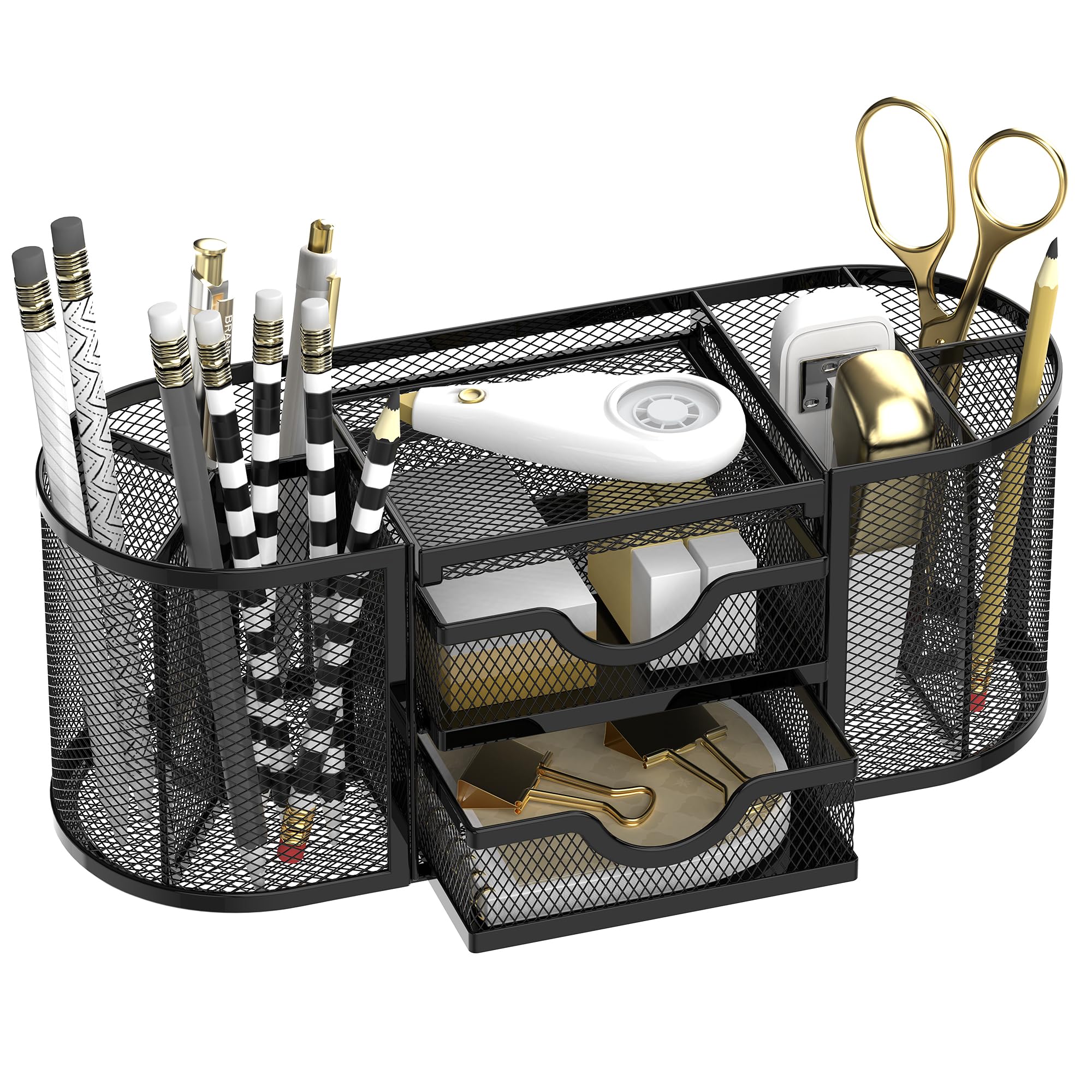 SUPEASY Mesh Desk Organizer with 2 Drawers - Black Office Desk Accessory for Pens, Pencils & Supplies | Perfect for Home Office, School & Workspace Organization