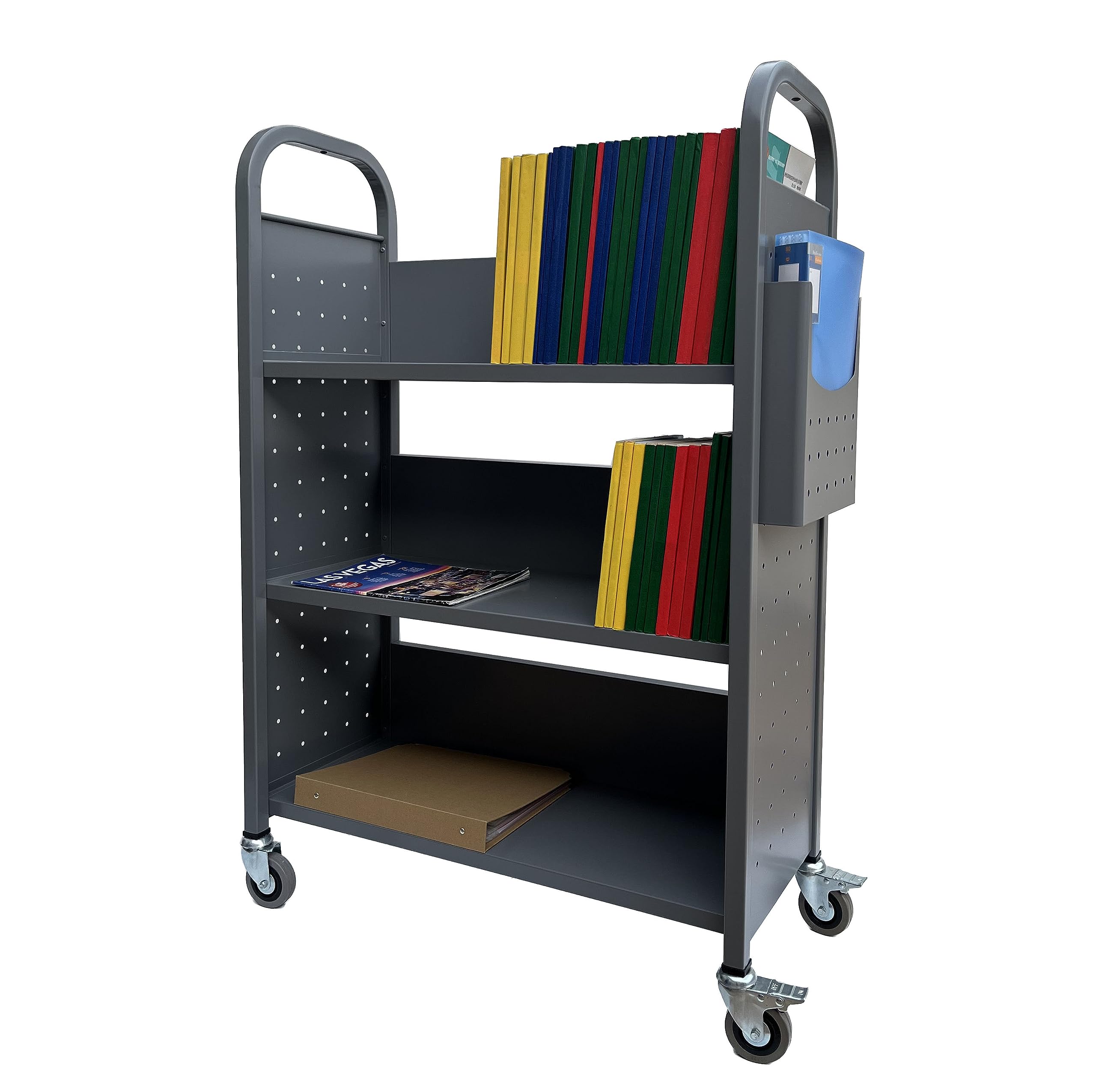 Workington Rolling Book Truck with 3 Flat Shelves - Mobile Library Cart with Swivel Locking Casters, 3001 Gray - Perfect for Libraries, Schools, Bookstores & Office Organization