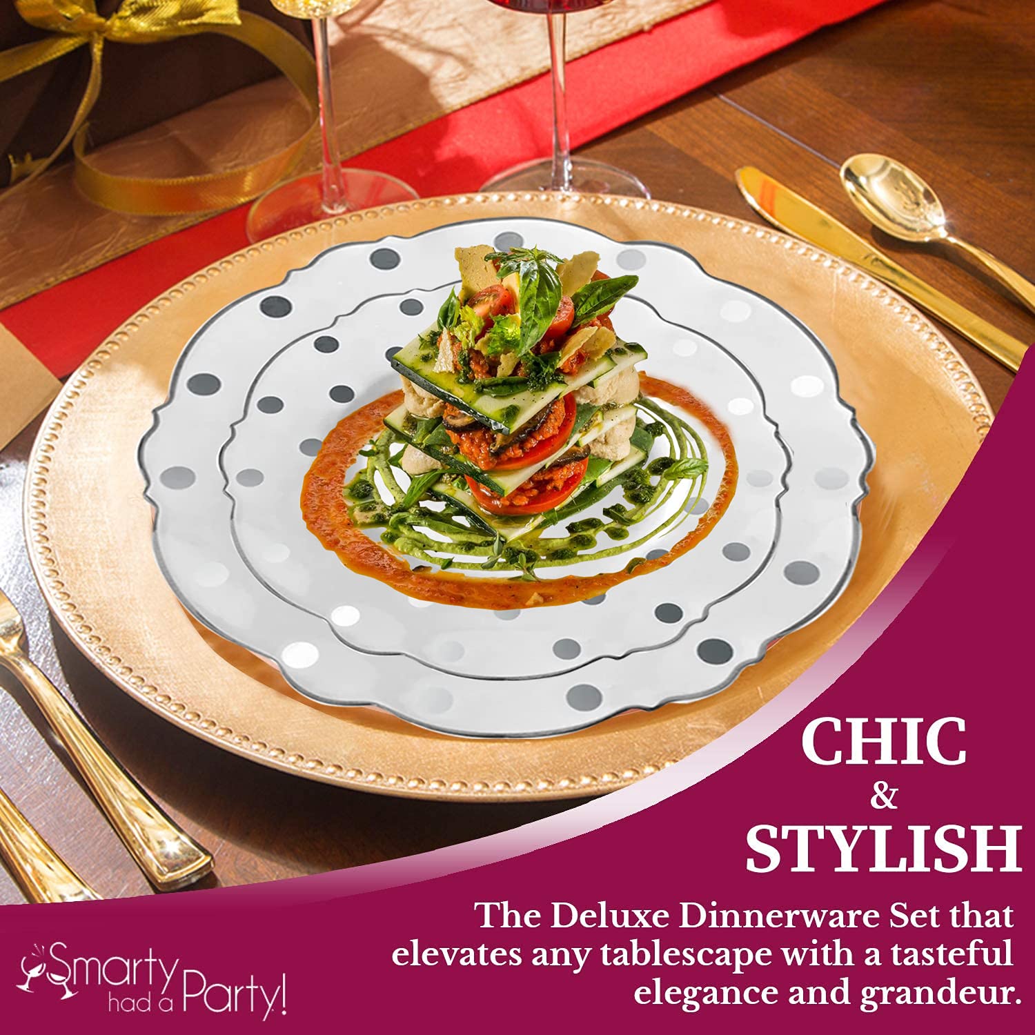 Elegant Disposable Plastic Dinnerware Set - 720 pcs (120 Person) Round Dot Wedding Party Plates, Gold Cutlery & Clear Cups - Perfect for Weddings, Banquets, Catering & Large Events