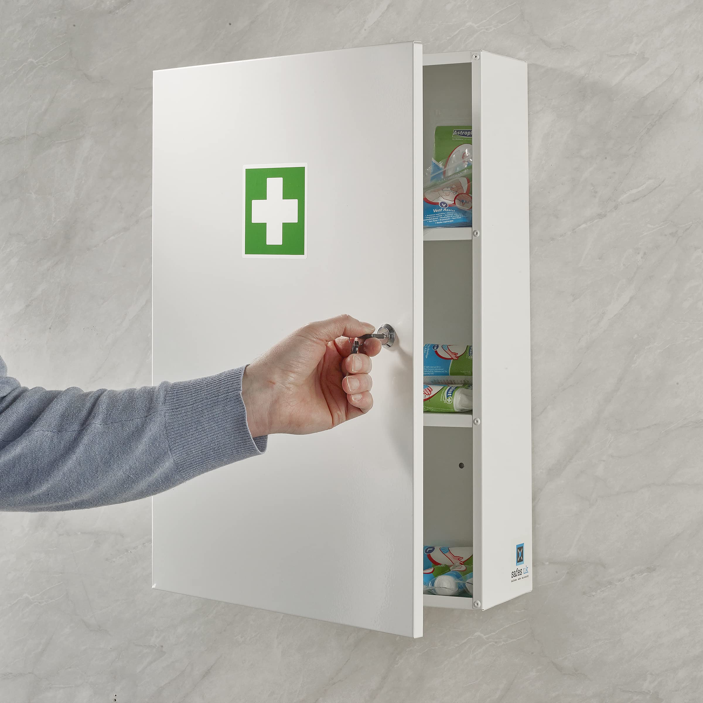 Medical Storage Cabinet - Extra Large Wall Mounted Metal First Aid Cabinet with Child-Proof Lock | Secure Medicine Organizer for Bathroom, Home or Office | White Lockable Medicine Case for Safe Drug Storage