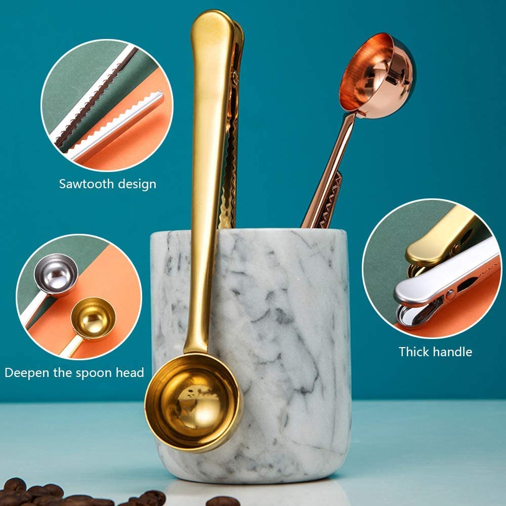 Premium Stainless Steel Coffee Scoop & Bag Clip - Long Handle Tablespoon for Measuring Tea, Coffee, Protein Powder | Perfect for Kitchen, Camping & Travel Use