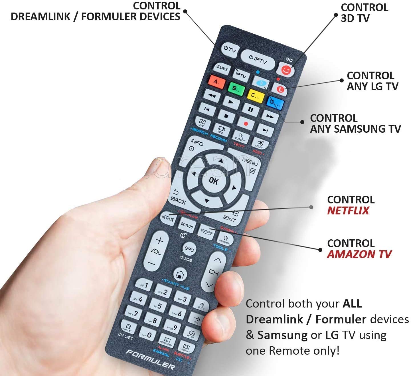 Formuler Universal Replacement Remote Control for Dreamlink/Formuler Boxes, Samsung & LG Smart TVs - Compatible with LCD LED HDTV 3D TVs (1-Pack) - Perfect for Streaming, Gaming & Home Entertainment