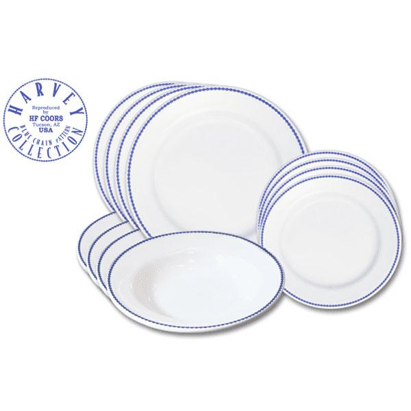 12-Piece White & Blue Dinnerware Set - Fred Harvey Blue Chain Design for Elegant Dining & Entertaining