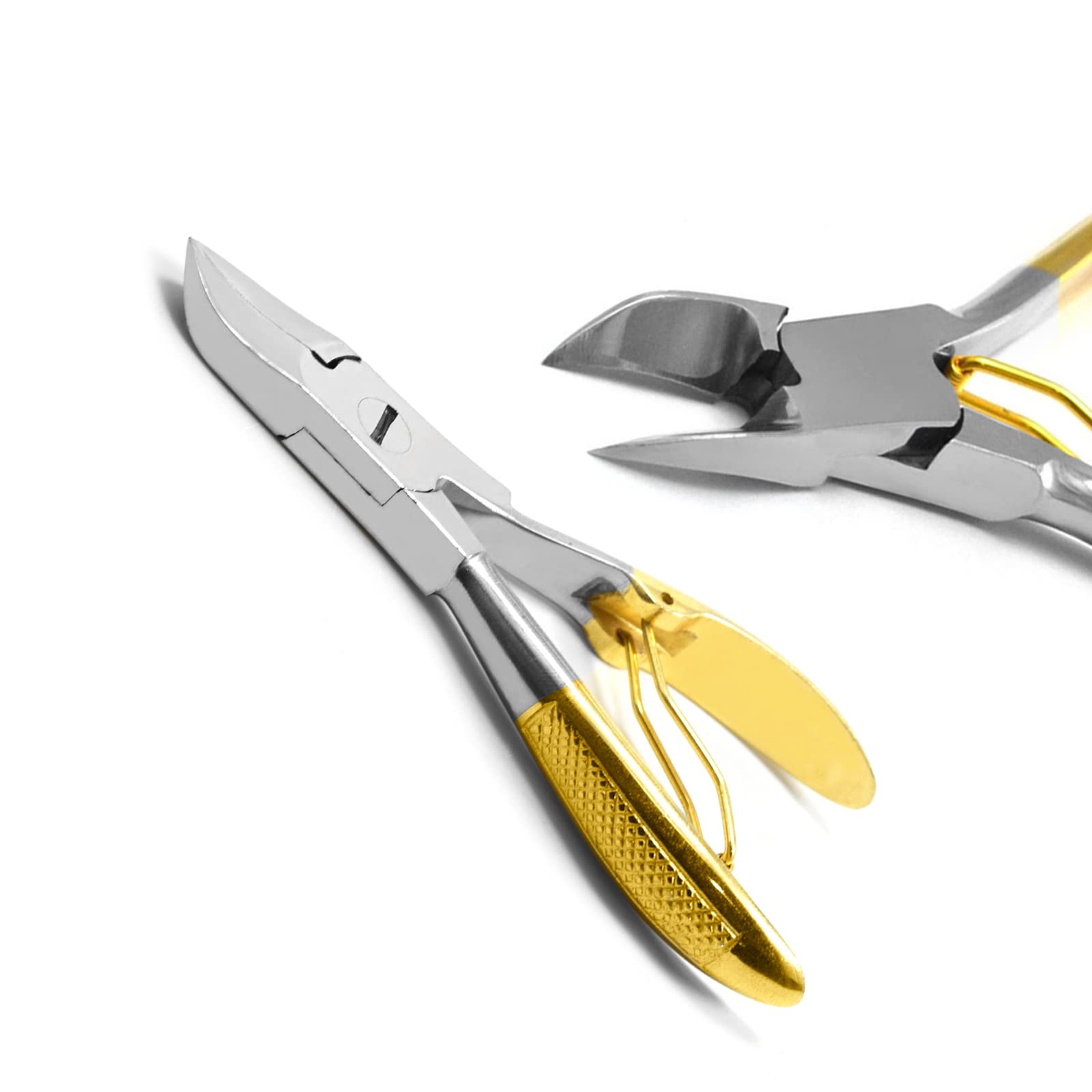 Professional Ingrown Toenail Clippers & Cutters Set - Straight & Curved Side Cutters, Cuticle Pusher & Skin Knife - 10cm Half Gold Design for Pedicure & Nail Care at Home or Salon