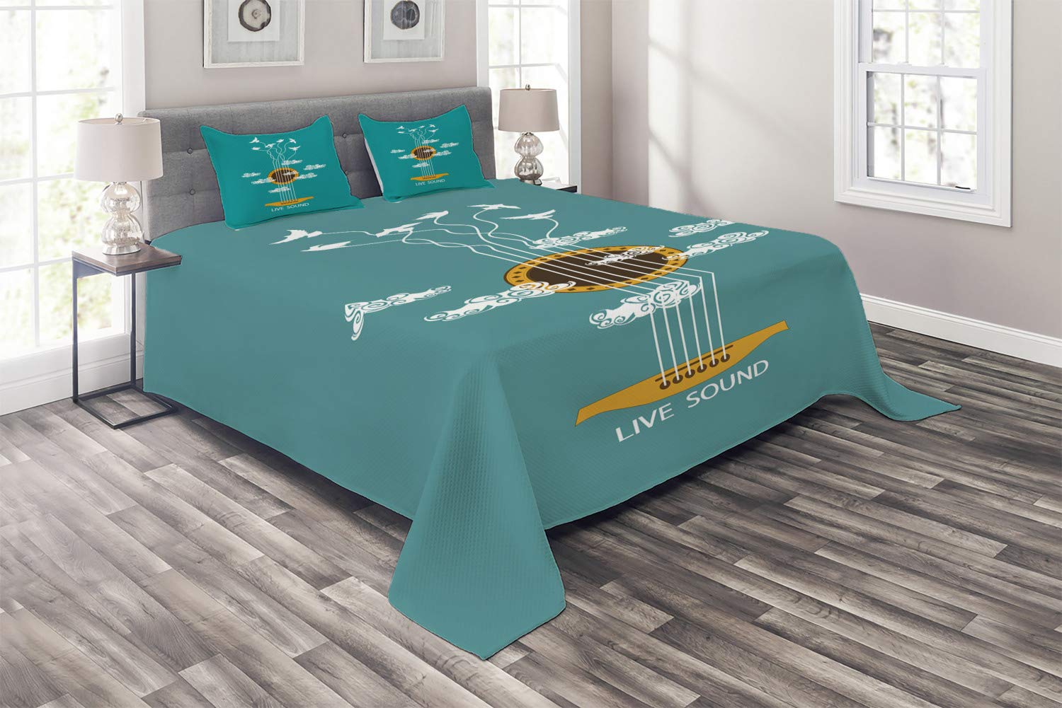 Ambesonne 3-Piece Guitar Themed Quilt Set - Abstract Music Design with Birds on Strings & Clouds, Queen Size Bedspread with 2 Pillow Shams in Turquoise Marigold White | Perfect for Music Lovers' Bedroom Decor, Bohemian Style Home, and Unique Gift Ideas