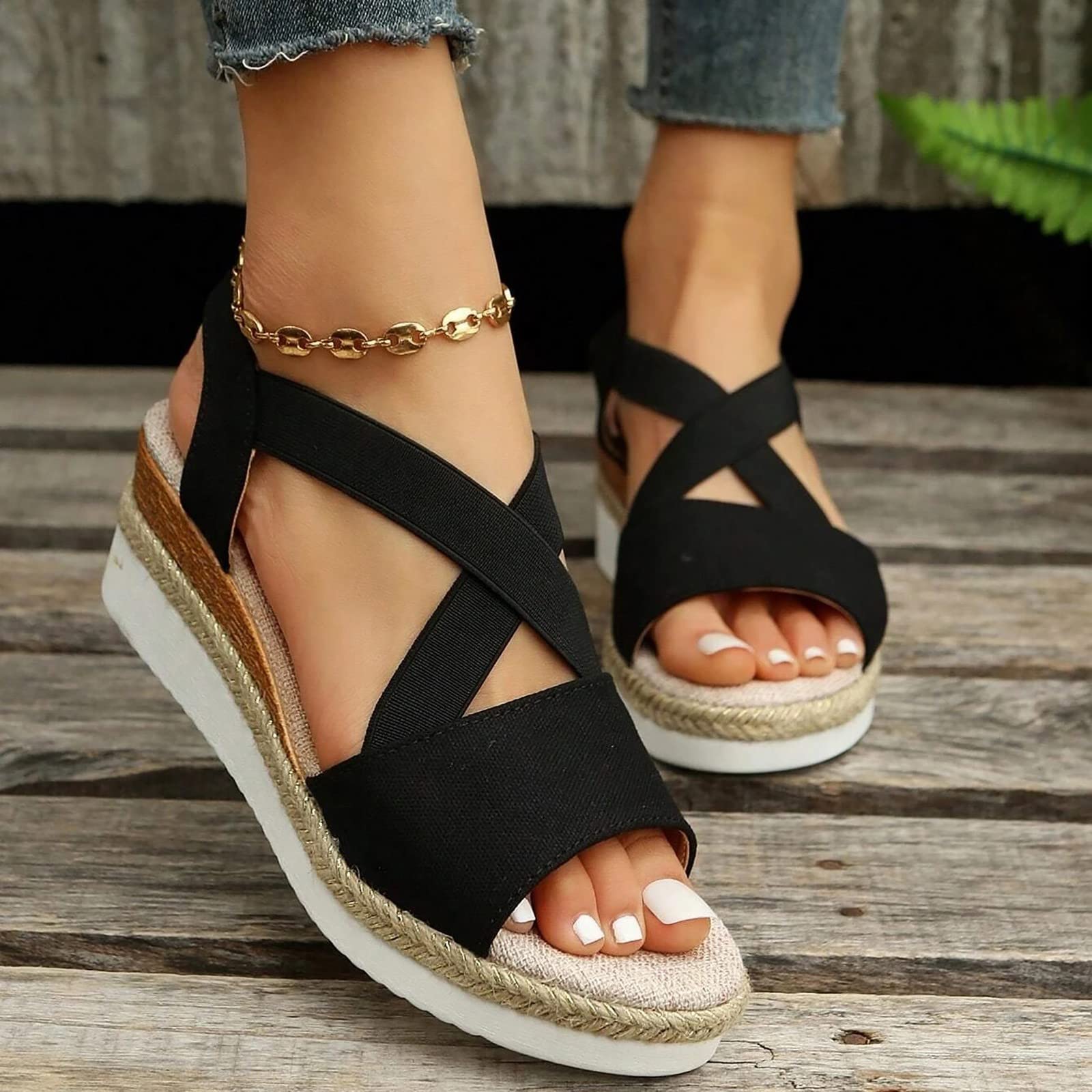 EMRELOD Women's Comfortable Orthopedic Wedge Sandals with Ankle Strap - Platform Espadrille Summer Shoes for Beach, Walking & Casual Outfits (Low Heel, Strappy Design, Bronze, Size 9) | Perfect for Vacations, Date Nights & Summer Fashion