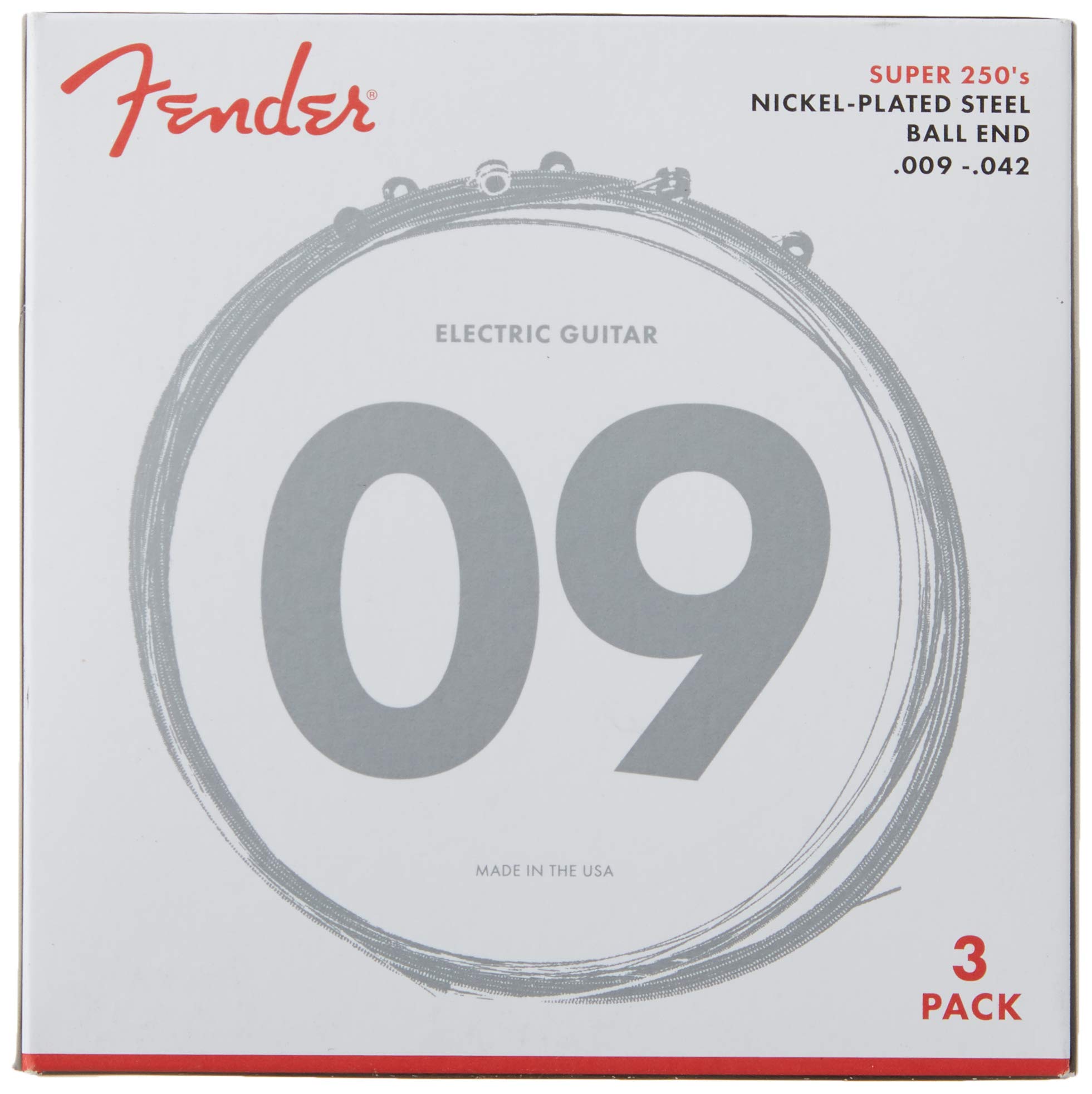 Fender Super 250 Electric Guitar Strings - Nickel Plated Steel, Ball End, 250L .009-.042 Gauge, 3-Pack Set - Perfect for Rock, Blues & Studio Recording