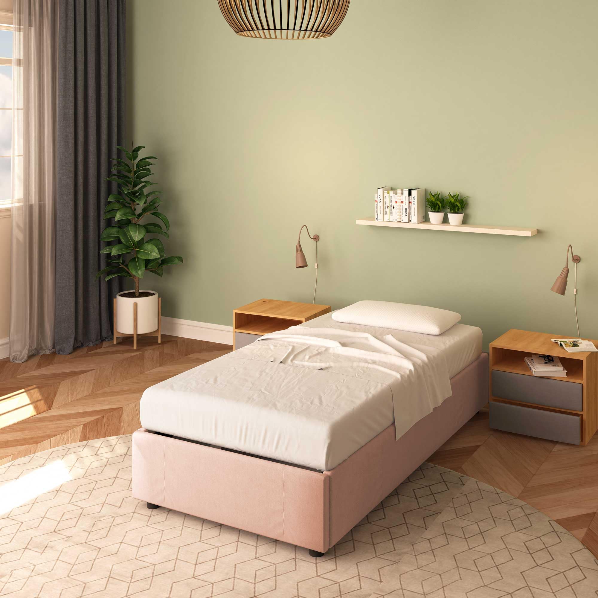 Baldiflex Square and Half Bed with Storage Container, Cloe Fabric Model, No Headboard, Slatted Base for Mattresses, 100 x 200 cm, Antique Pink - Perfect for Small Bedrooms, Guest Rooms & Kids' Rooms