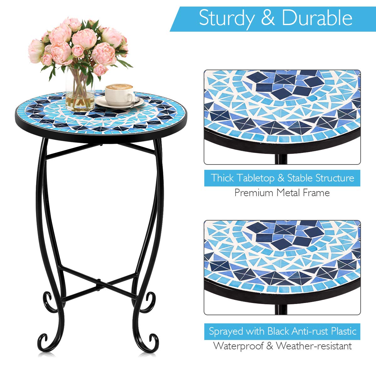 RELAX4LIFE 14 Inch Round Mosaic Side Table with Tempered Glass Top & Sturdy Steel Frame - Outdoor End Table for Patio, Lawn, Garden, Balcony & Home Decor (Blue) | Perfect for Poolside Lounging, BBQ Parties & Small Space Living