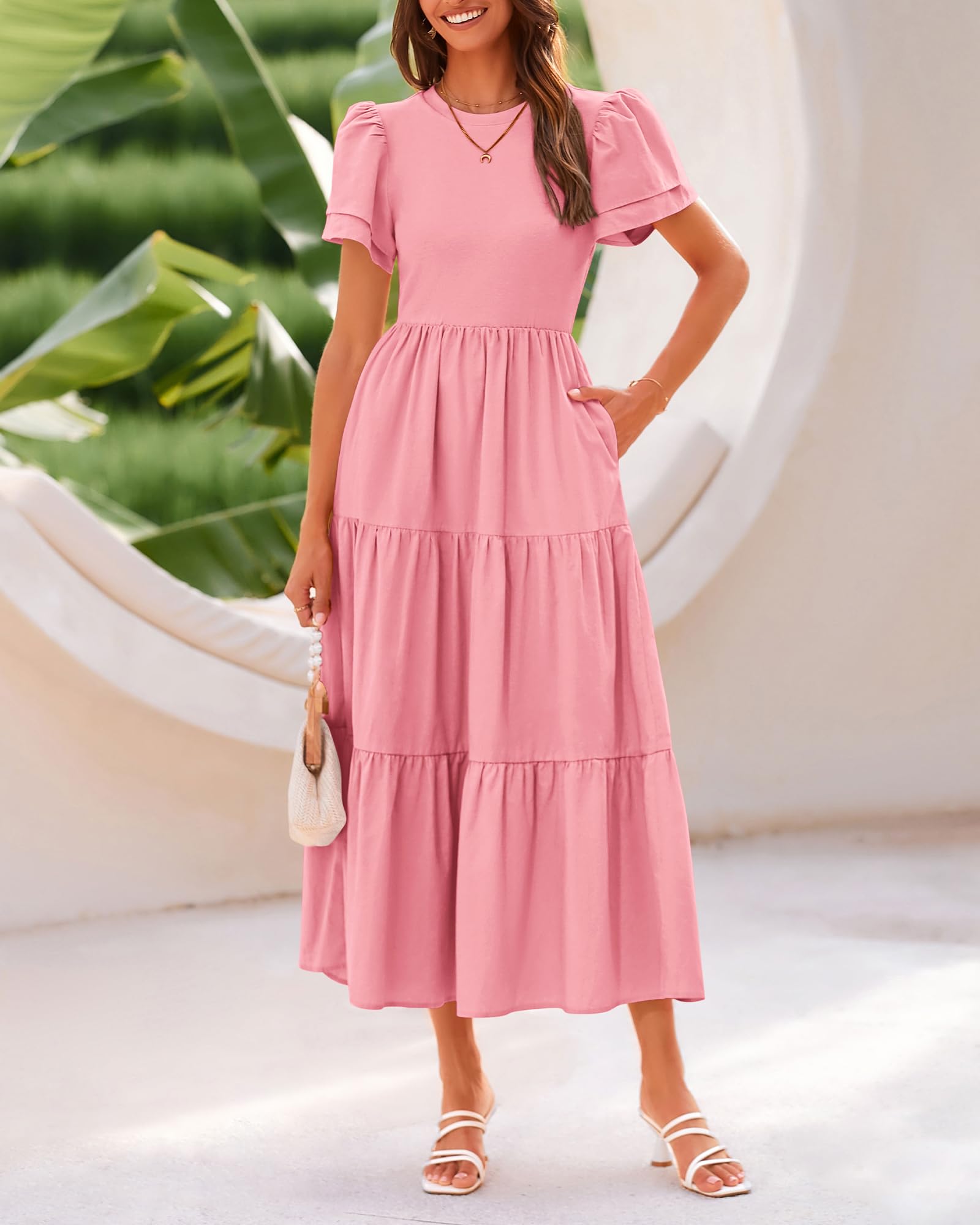 BTFBM Women's Casual Summer Dresses 2025 - Spring Crewneck Short Sleeve Tiered Flowy Boho Maxi Dress with Pockets for Beach Vacation, Outdoor Picnic & Summer Travel