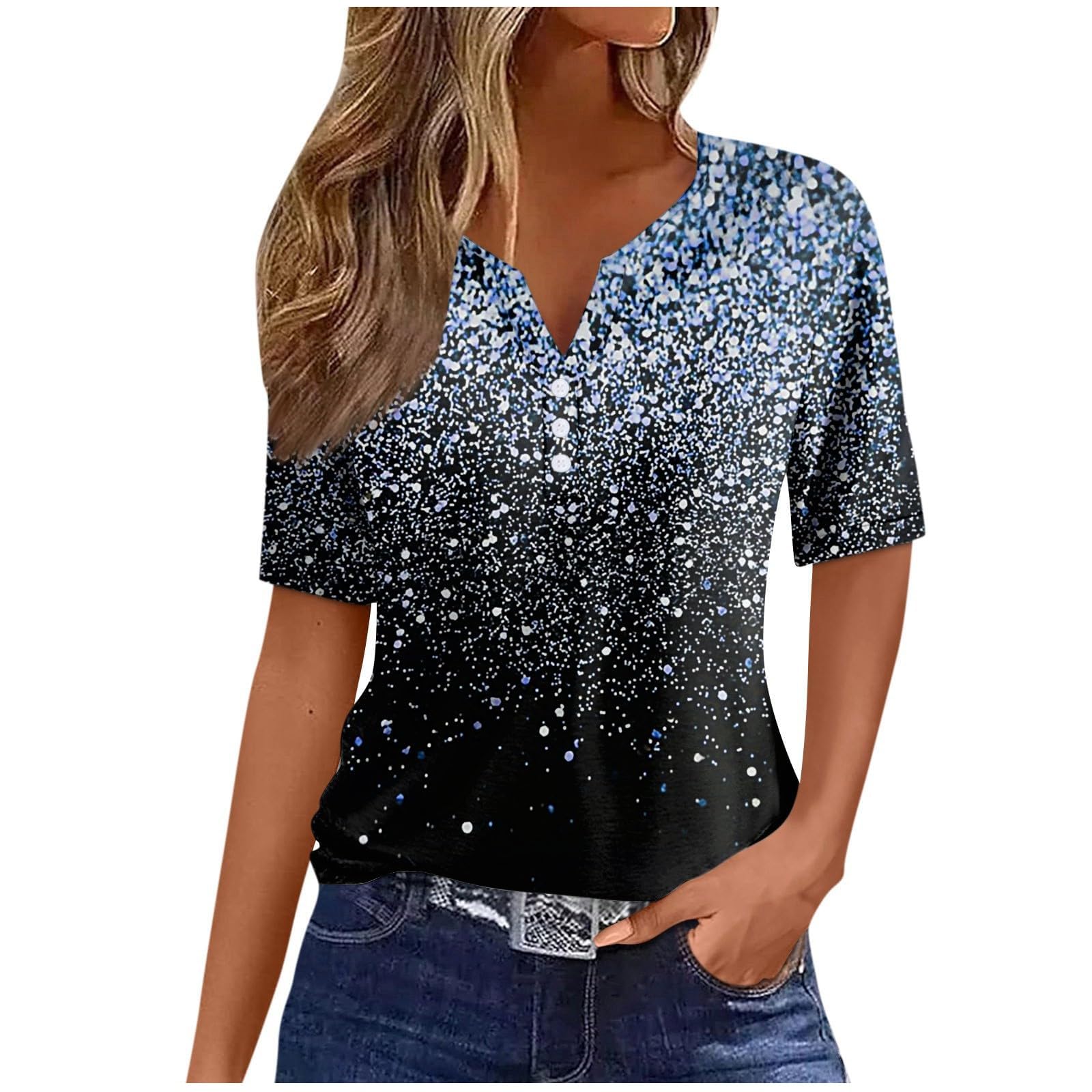 Women's Rhinestone Henley Shirts - Short Sleeve V-Neck Casual Summer Tops & Dressy Blouses | Button Down T-Shirts for Women | Perfect for Office, Date Night & Summer Outfits 2024