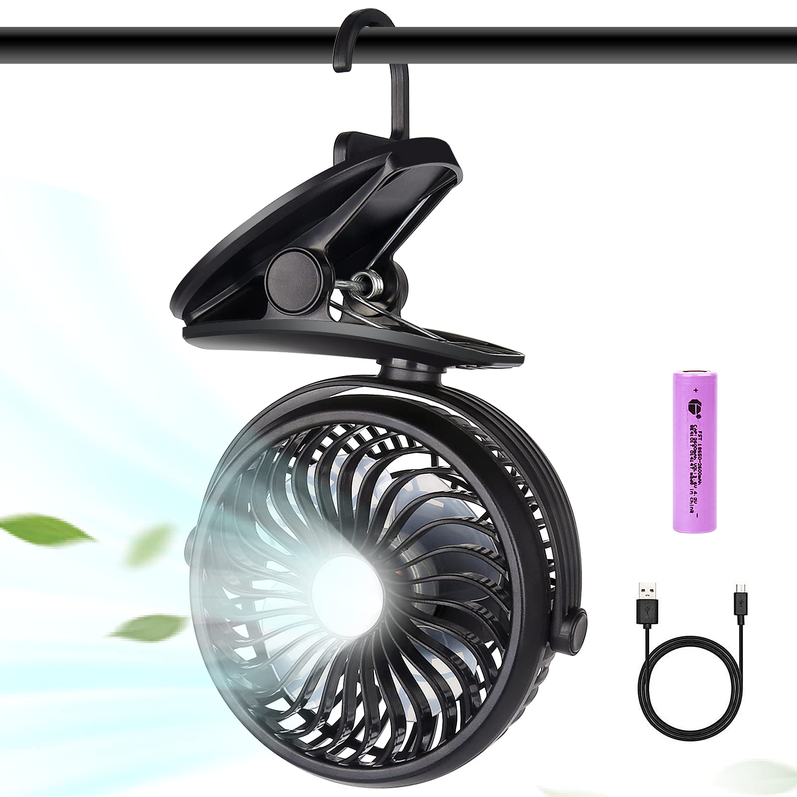 Rechargeable 2200mAh Battery Operated Clip-On Camping Fan with LED Lights - 3-Speed Mini Desk Fan for Baby Stroller, Home Office, Travel - Portable Personal Fan for Indoor Outdoor Use, Camping & More
