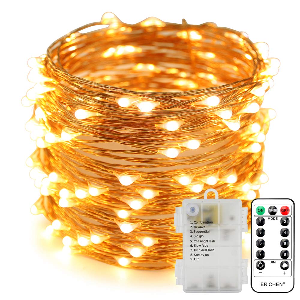 ER CHEN 8 Lighting Modes 66ft LED String Lights - 200 Ultra Bright Warm White LEDs, Waterproof Battery Operated Fairy Lights with Remote Control for Indoor Outdoor Decor (Weddings, Parties, Garden, Patio)