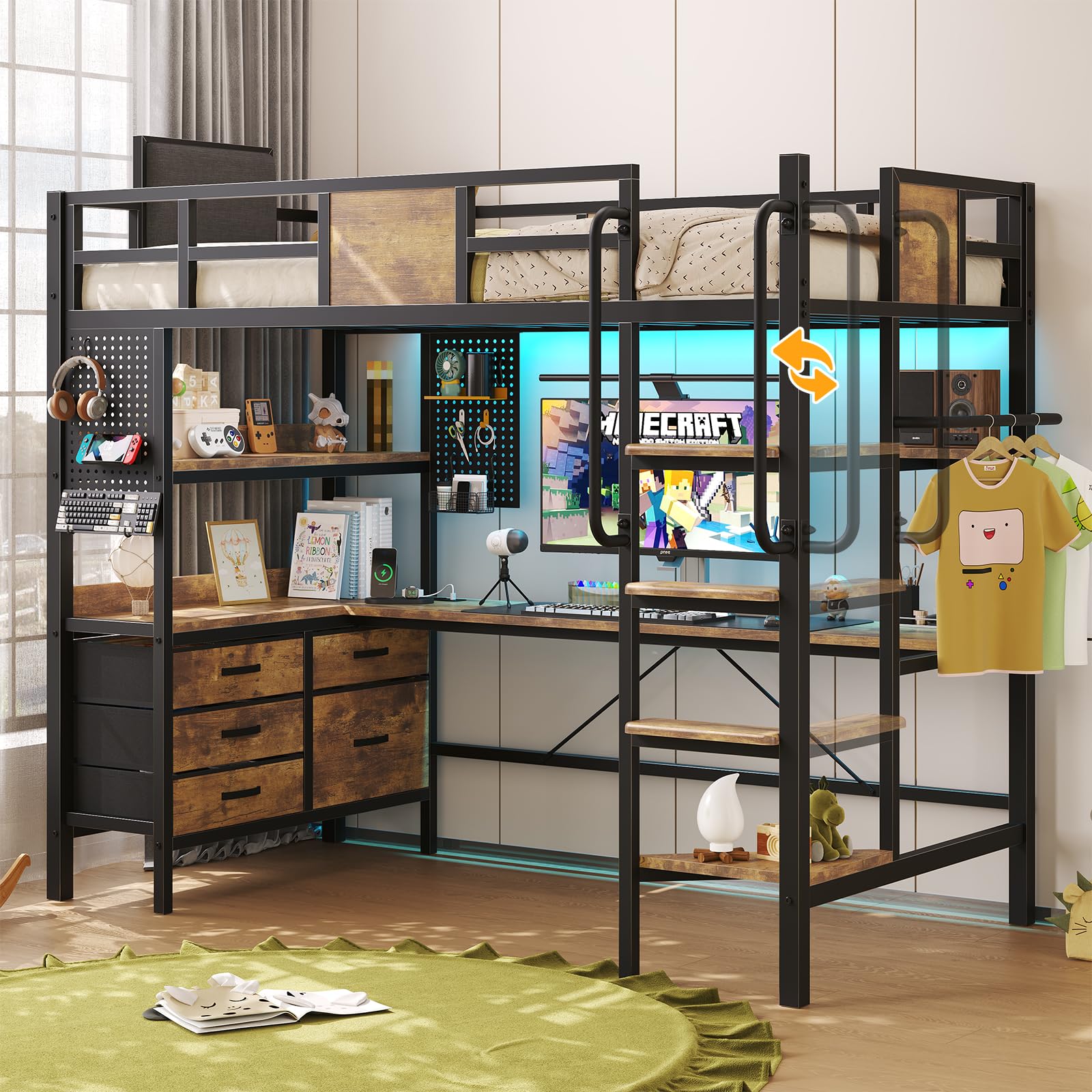 Twin Size Loft Bed with Desk, RGB LED Lights & Charging Station - Vintage Brown Bunk Bed with Storage Drawers & 400lbs Weight Capacity | Perfect for Small Bedrooms, Dorms & Studio Apartments
