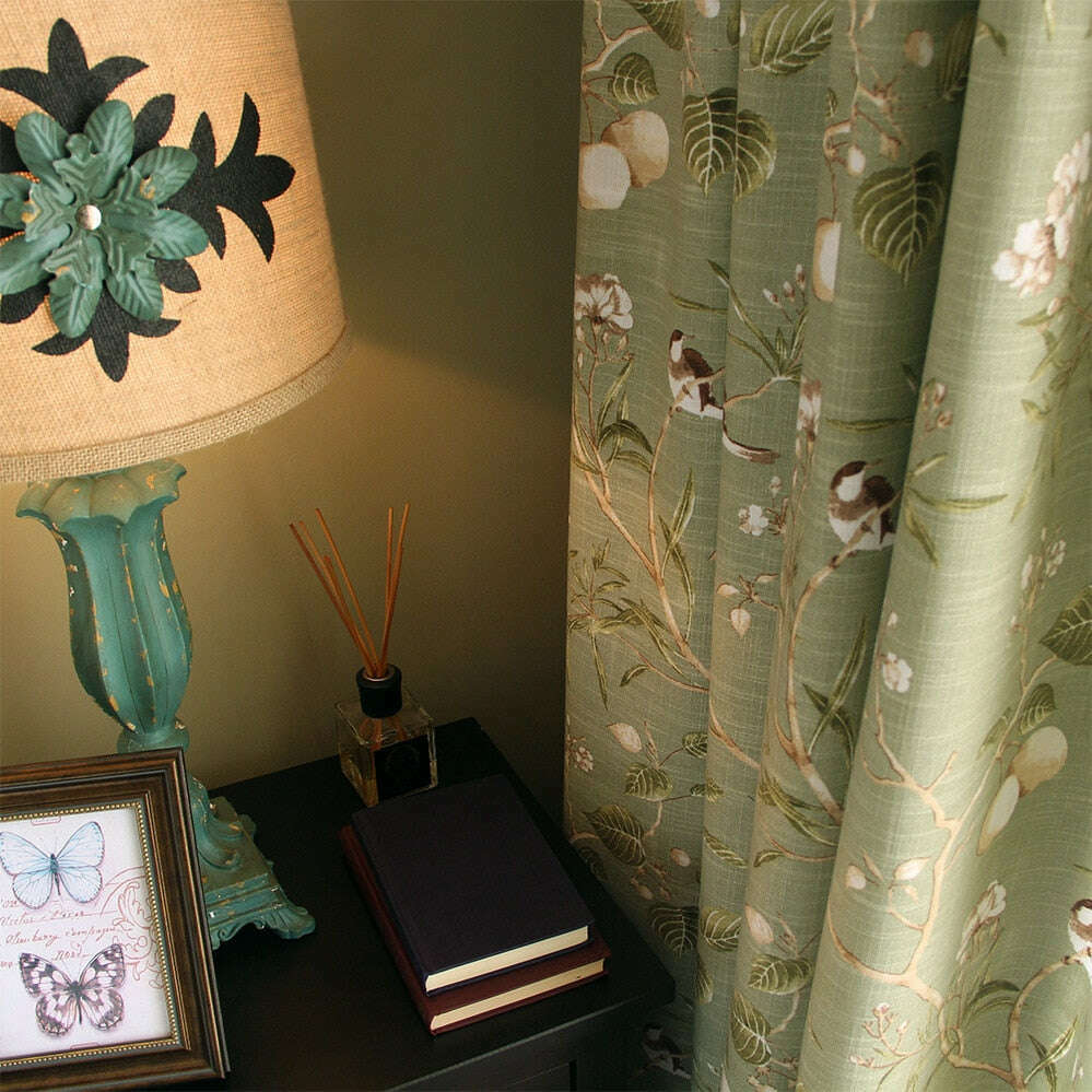 Astor American Country Garden Birds Print Semi-Sheer Curtains - Green | Light Filtering Window Treatments for Living Room & Bedroom