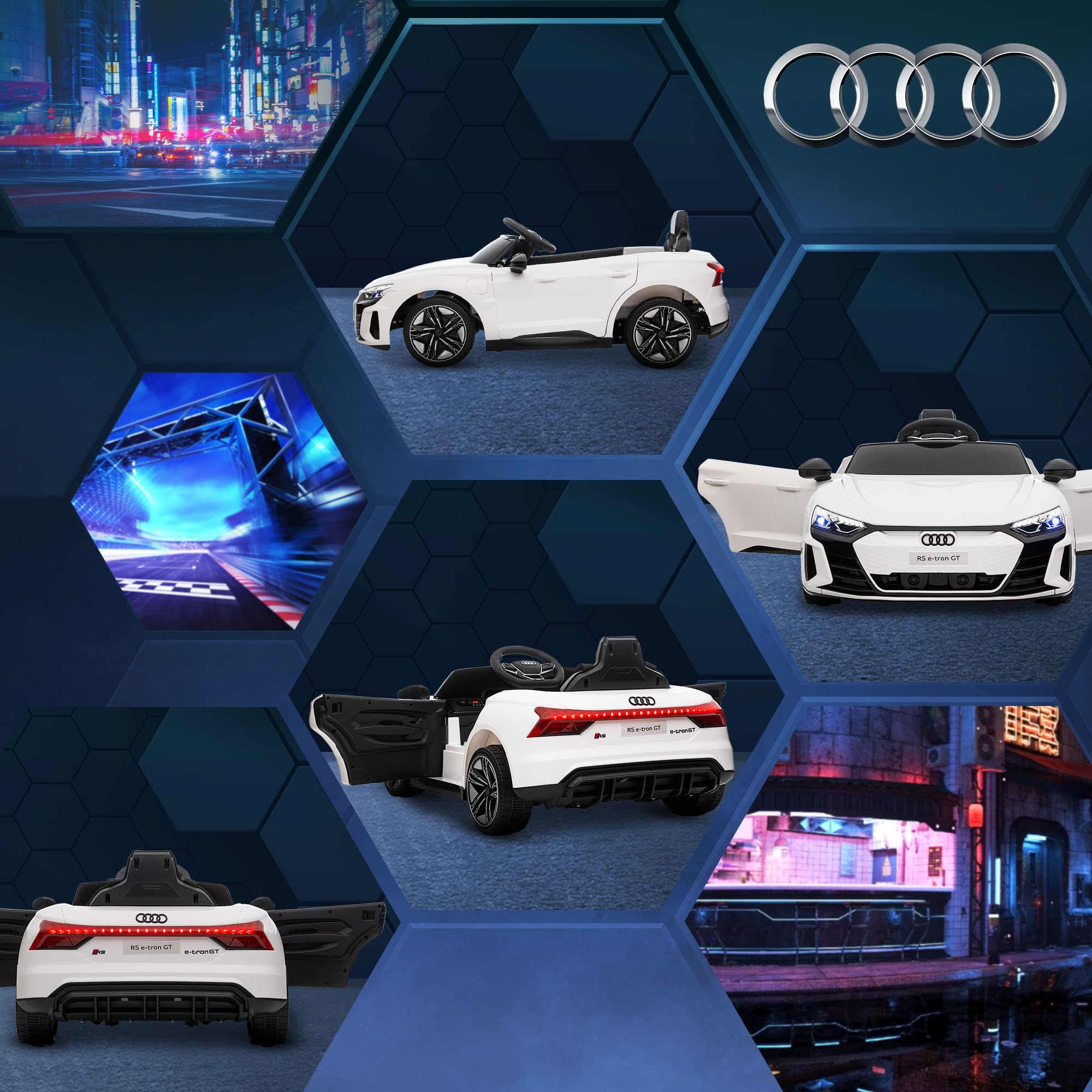 HOMCOM Electric Ride-On Car for Kids 3+ Years, Audi RS e-Tron GT 12V Battery-Powered Ride-On Toy with Remote Control, LED Headlights, Horn, USB Music & Door Opening, 3-5 km/h, White - Perfect for Outdoor Play, Birthday Gifts & Family Fun