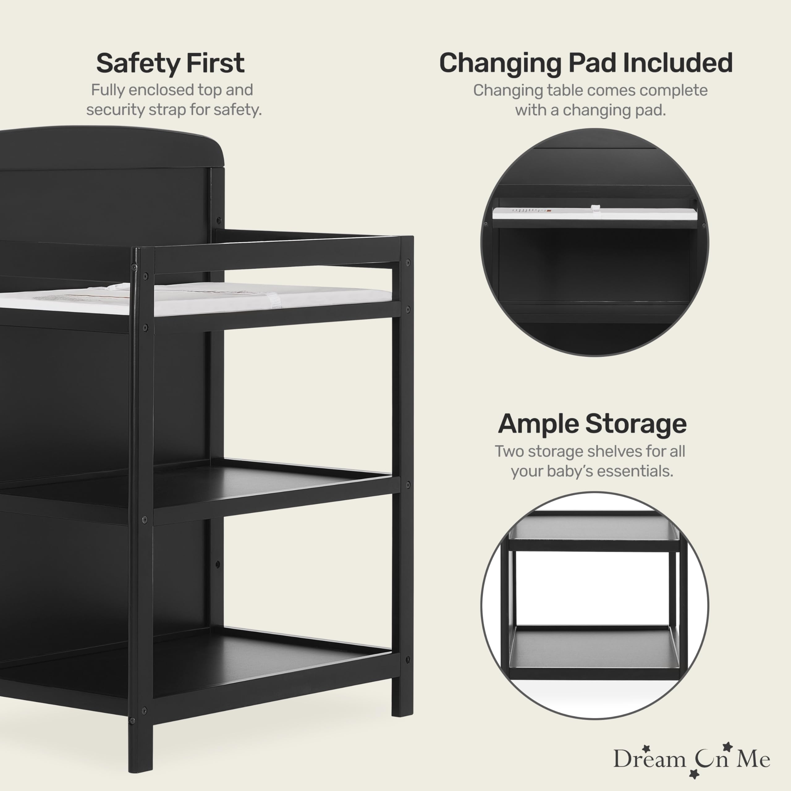 Dream On Me Anna 3-in-1 Convertible Crib with Changing Table - GREENGUARD Gold Certified, Non-Toxic Black Wooden Nursery Furniture with 1