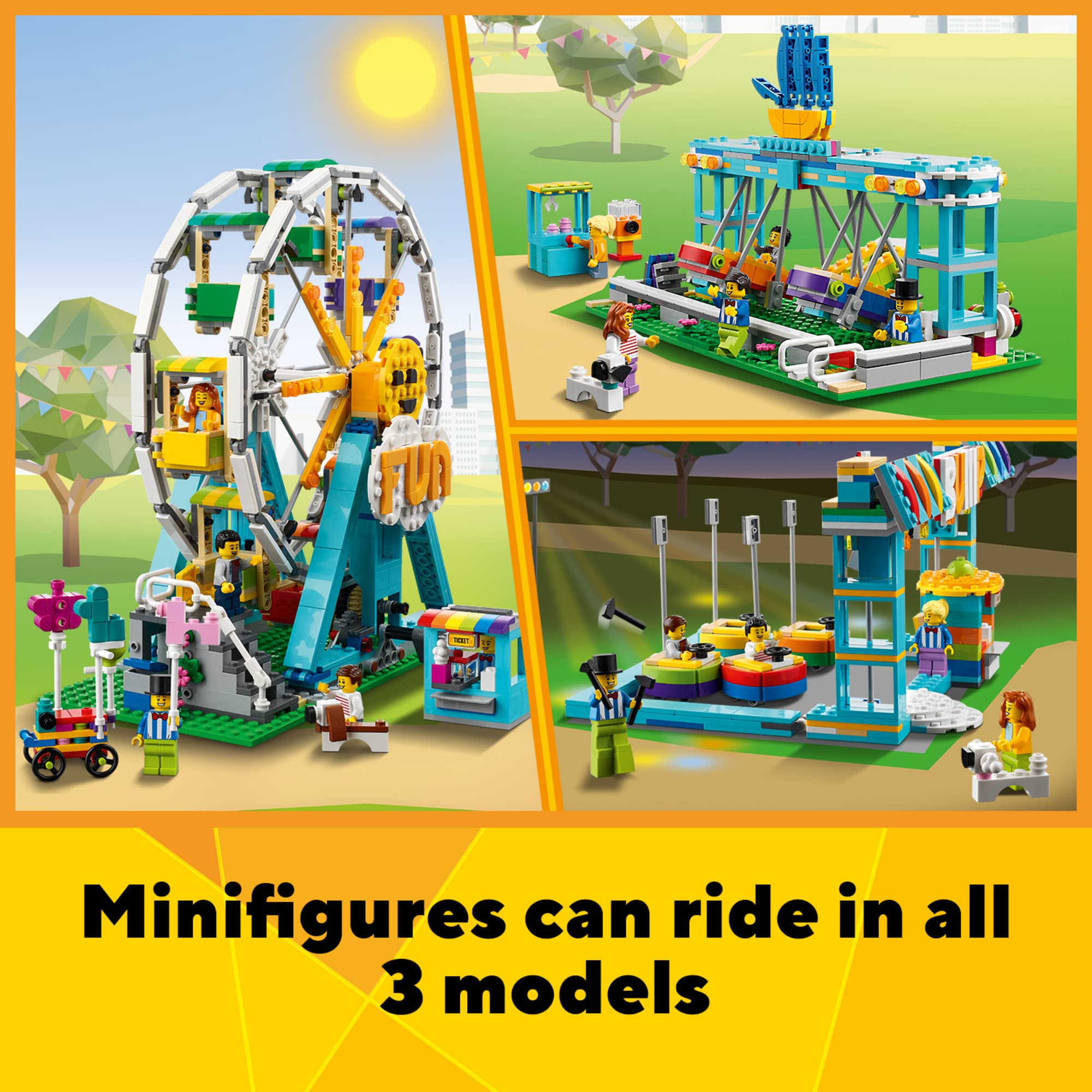 LEGO Creator 3in1 Ferris Wheel 31119 Building Kit with Rebuildable Toy Bumper Cars & Boat Swing - 5 Minifigures Included (1,002 Pieces) - Perfect for Creative Play, STEM Learning & Collectors - New 2021 Model