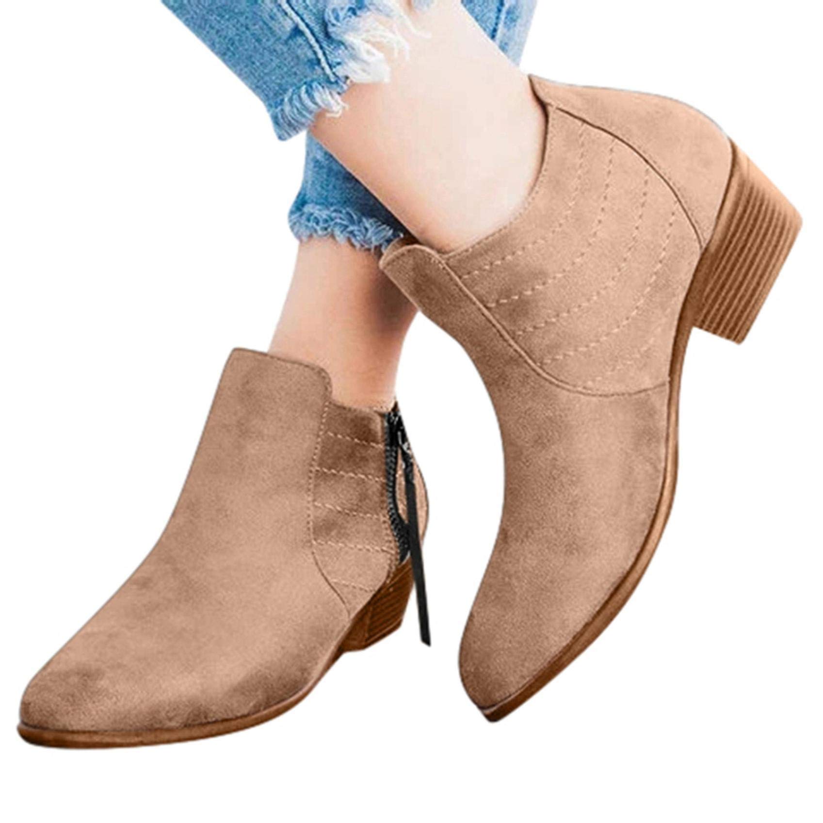Gibobby Women's Pointed Toe Ankle Booties - Faux Leather & Suede Stacked Low Heel Boots for Work, Date Night & Fall Fashion