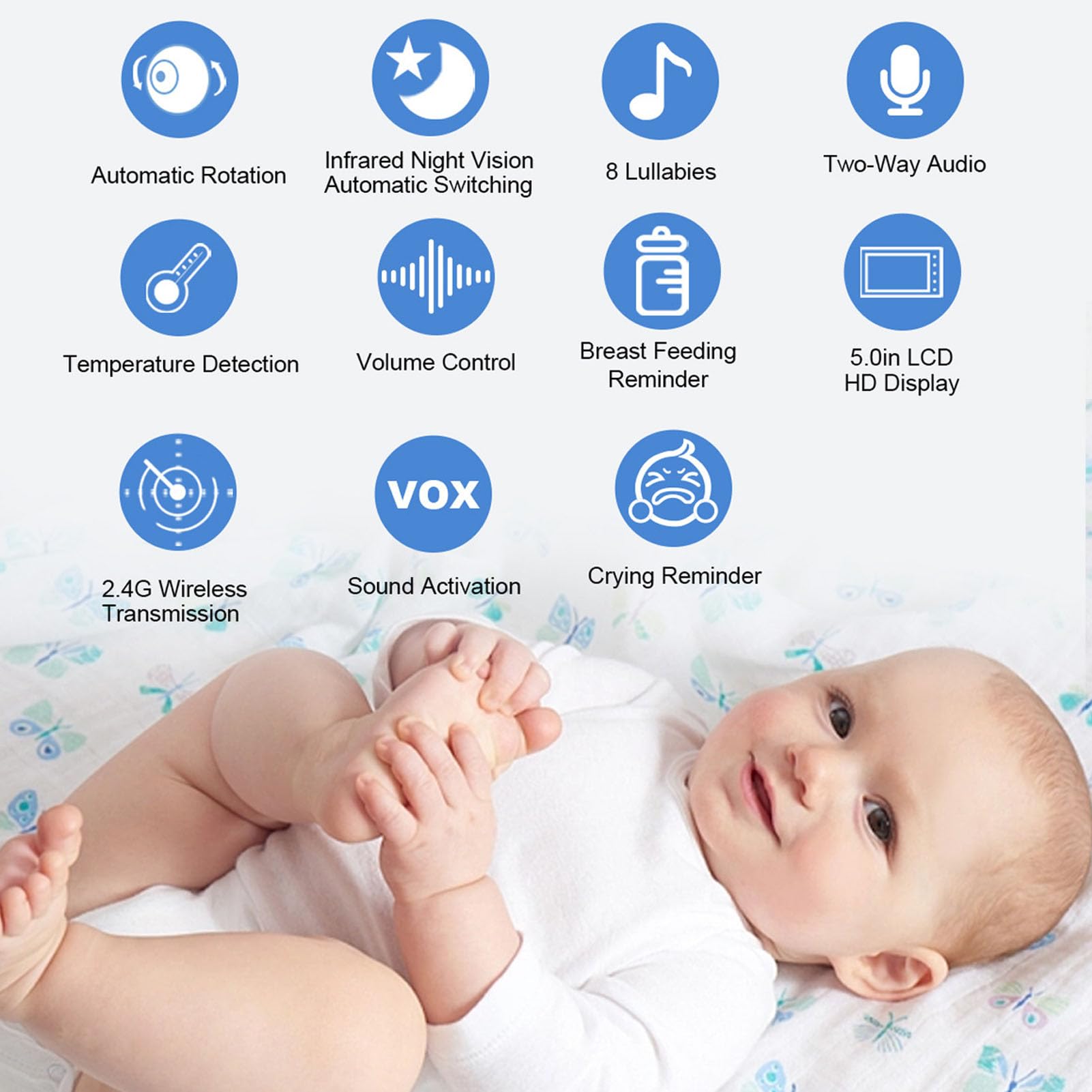 5 Inch Indoor Security Camera with Night Vision & Motion Sensor - Baby Monitor with Alarm, US Plug - Ideal for Home, Nursery & Pet Monitoring