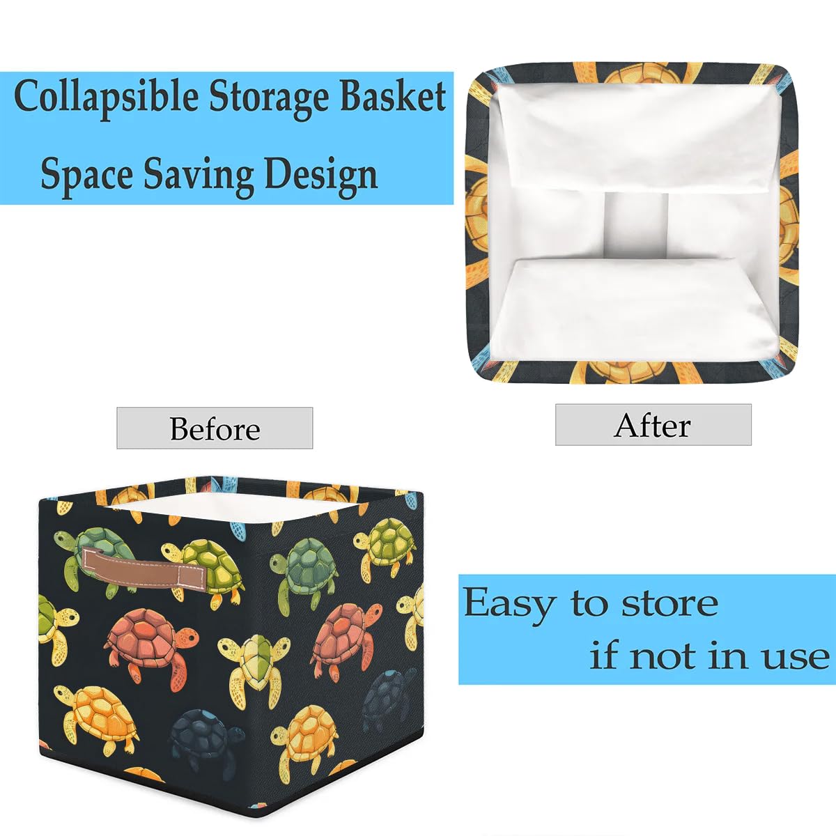 13 Inch Collapsible Storage Basket with Leather Handle - Foldable Organizer Bin for Closet, Shelves & Home Decor | Perfect for Bedroom, Bathroom & Kids' Room Organization (Black)