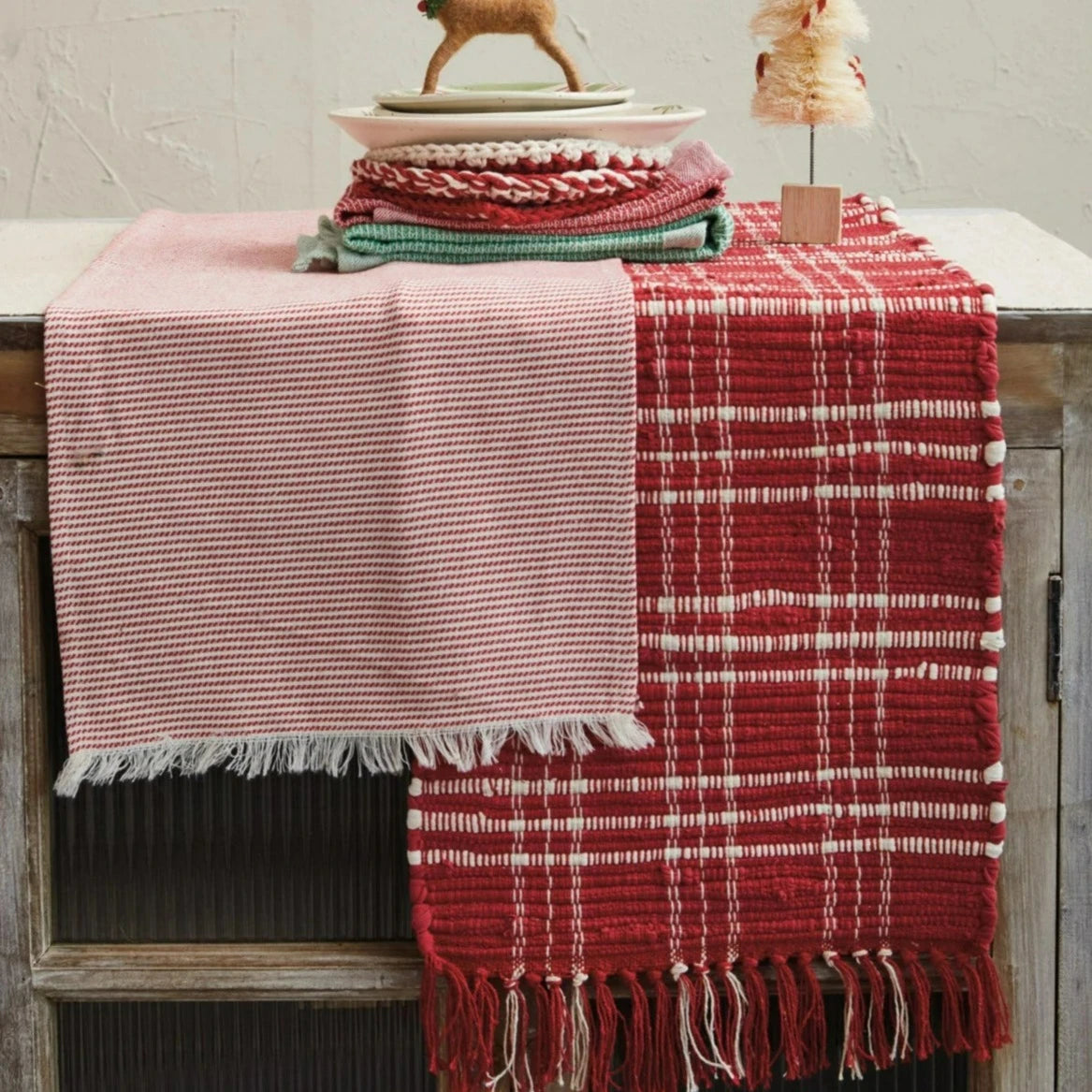 Hand Woven Red Plaid Cotton Chindi Table Runner - Farmhouse Style Decorative Dining Table Scarf for Kitchen, Wedding, and Holiday Decor