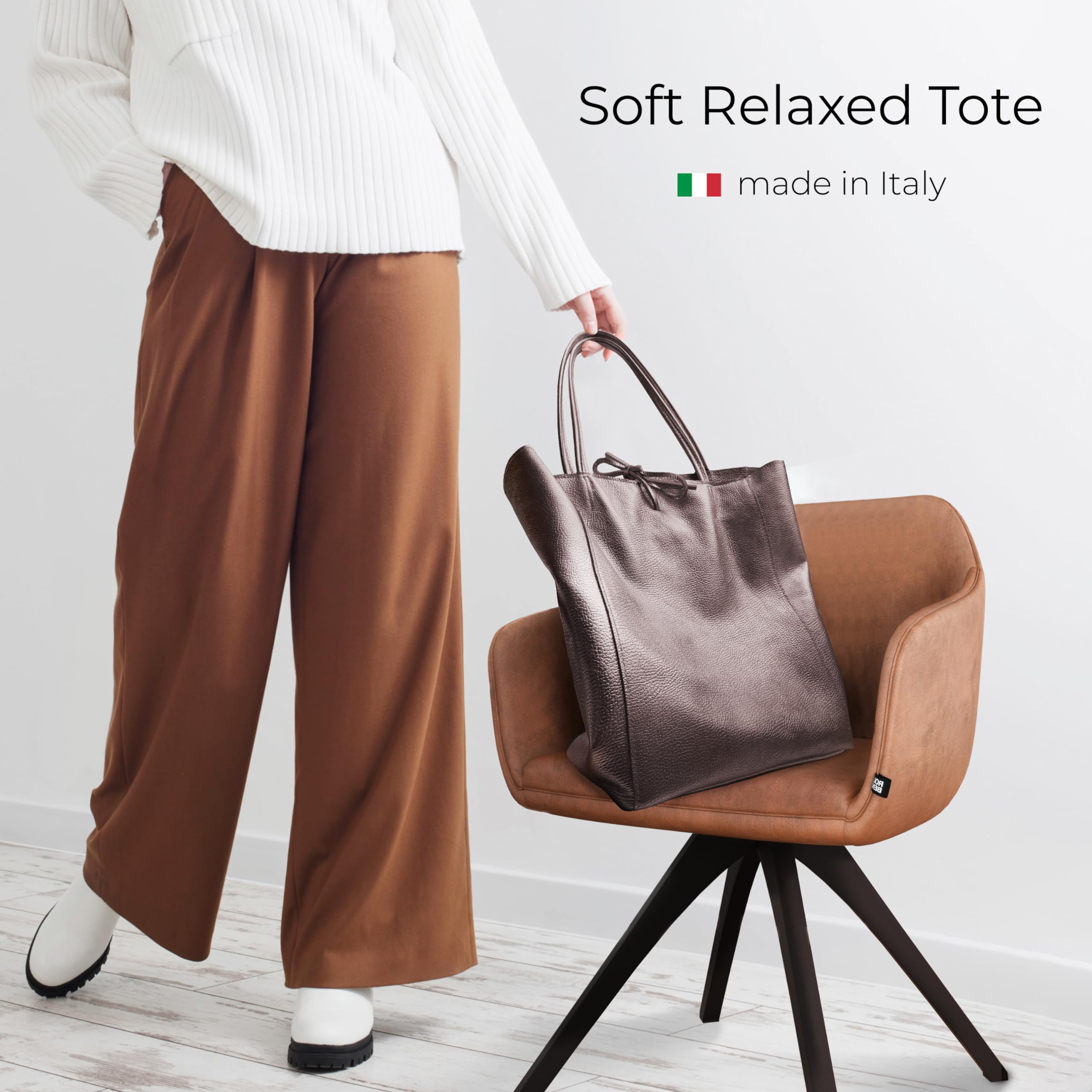 Genuine Italian Metallic Leather Tote Bag for Women - Large Zippered Handbag for Work, Travel & Shopping | Stylish Everyday Purse & Professional Office Bag