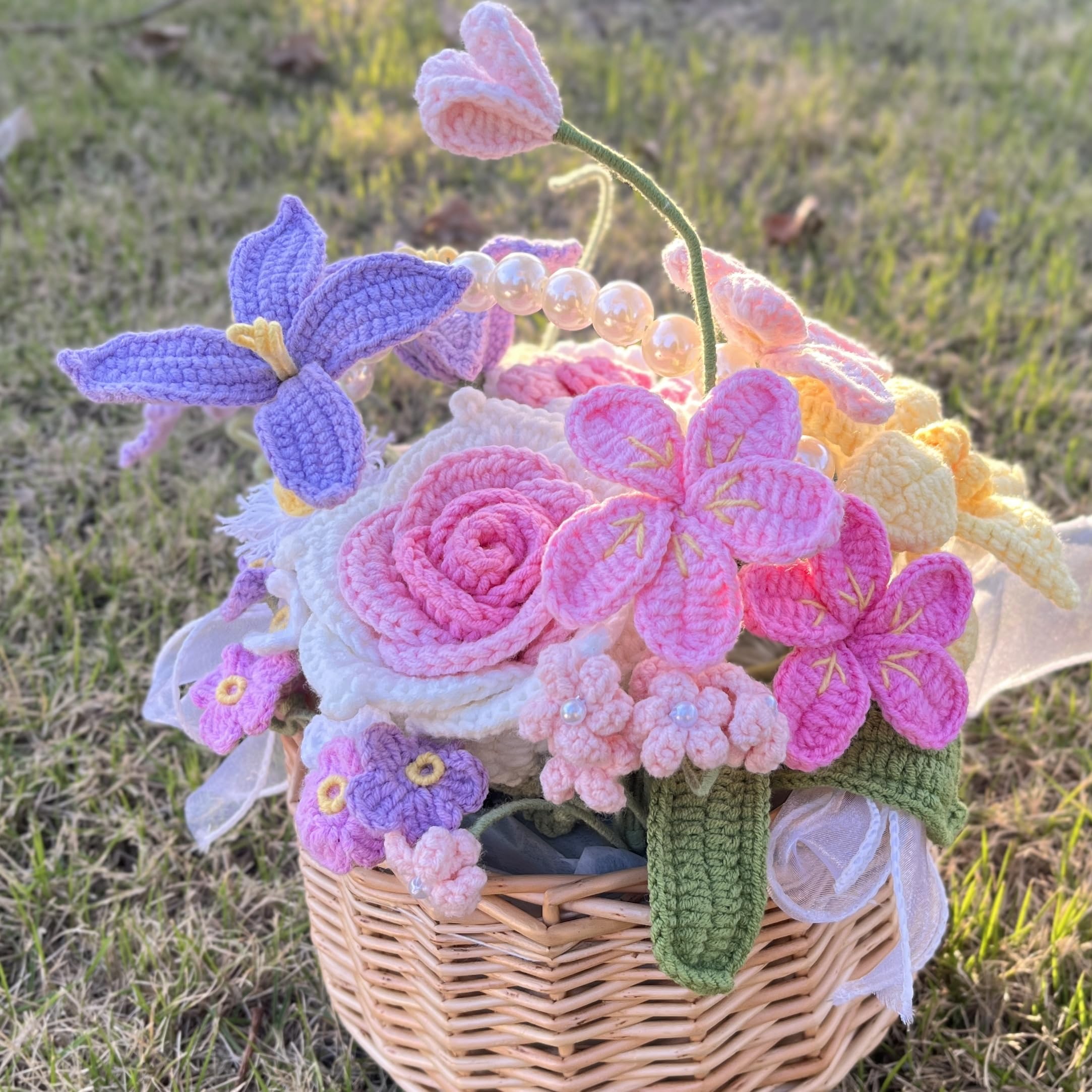 JOMODECOR Handmade Crochet Flower Basket - Artificial Potted Flowers with Forget-Me-Not, Daisy, Tulip & Rose - Perfect Gift for Girlfriend, Mom & Women - Home Office Desk & Bedroom Decor (Pink) - Ideal for Wedding Centerpieces, Baby Showers & Spring Home Decor