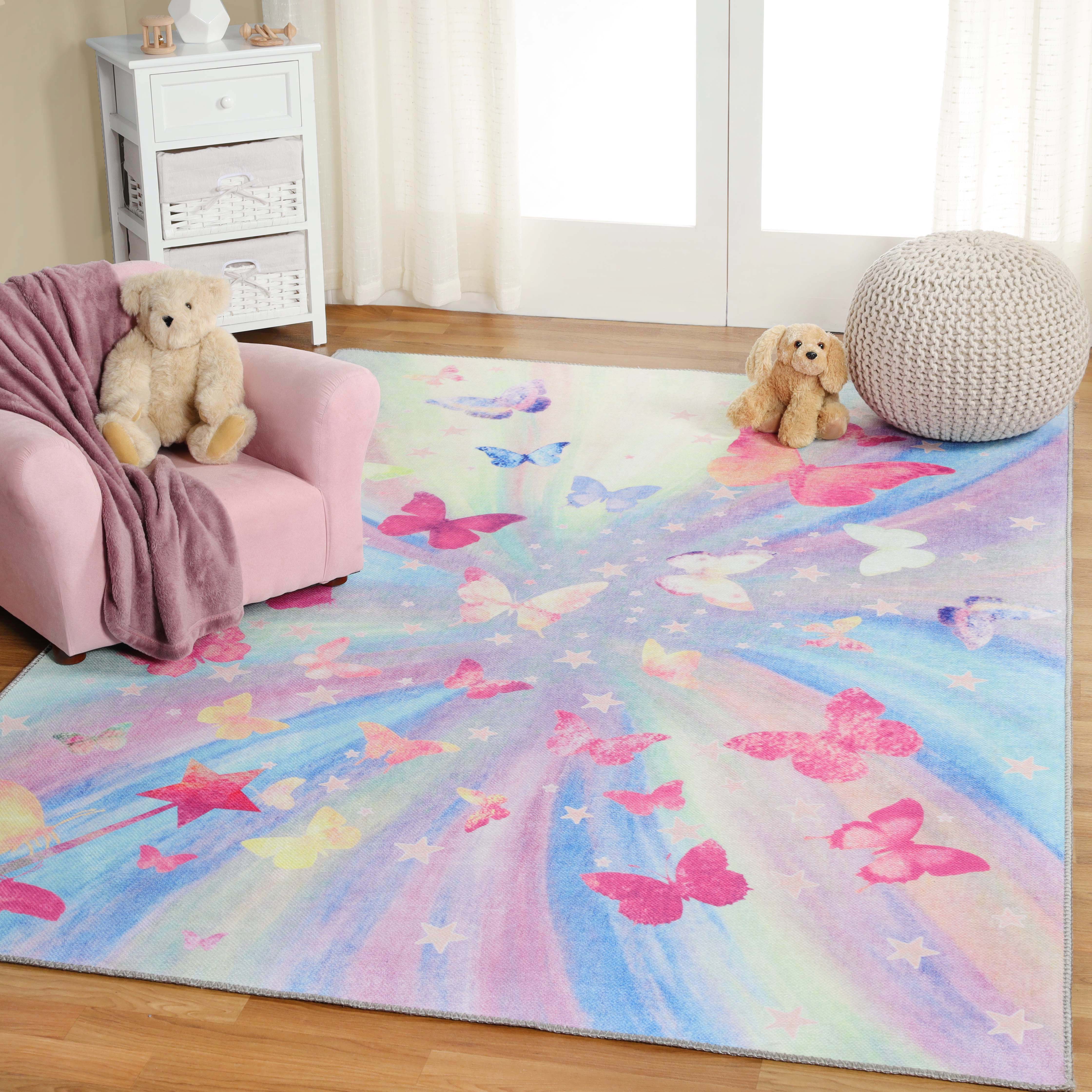 Non-Slip Butterfly Kids Playroom Rug - Washable Nursery Carpet for Toddlers & Children - Soft Indoor Floor Mat for Play Areas, Bedrooms & Daycare